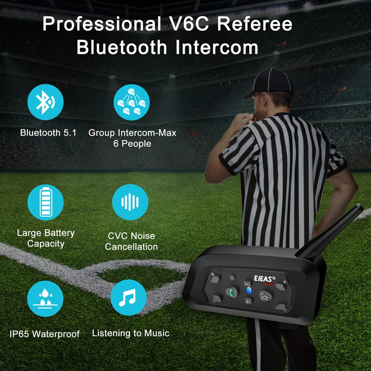 EJEAS V6C Casque Bluetooth Arbitre 850 mAh Full Duplex 1200 M Interphone Bluetooth sans Fil avec Casque et Bracelet de Course pour Soccer Hockey Rugby Sport, USB-C (1 pièce)