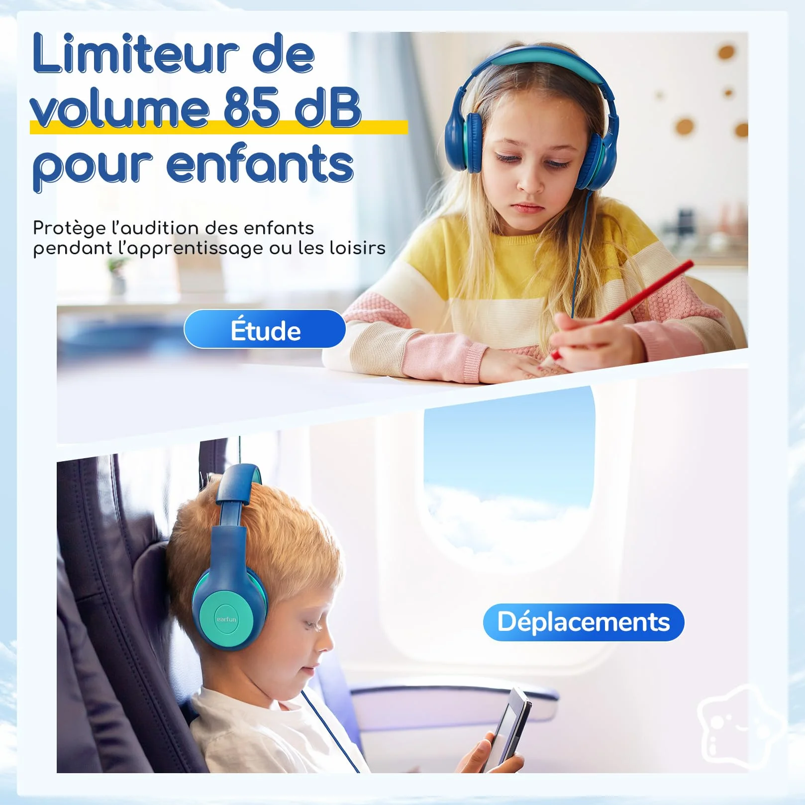 EarFun Casque Audio Enfant Filaire, Limiteur de Volume 85dB, Partage Audio, Pliable et Réglable, Confortable, Jack 3,5 mm, Casque Enfants pour École/Voyage/Téléphone, Bleu-Vert