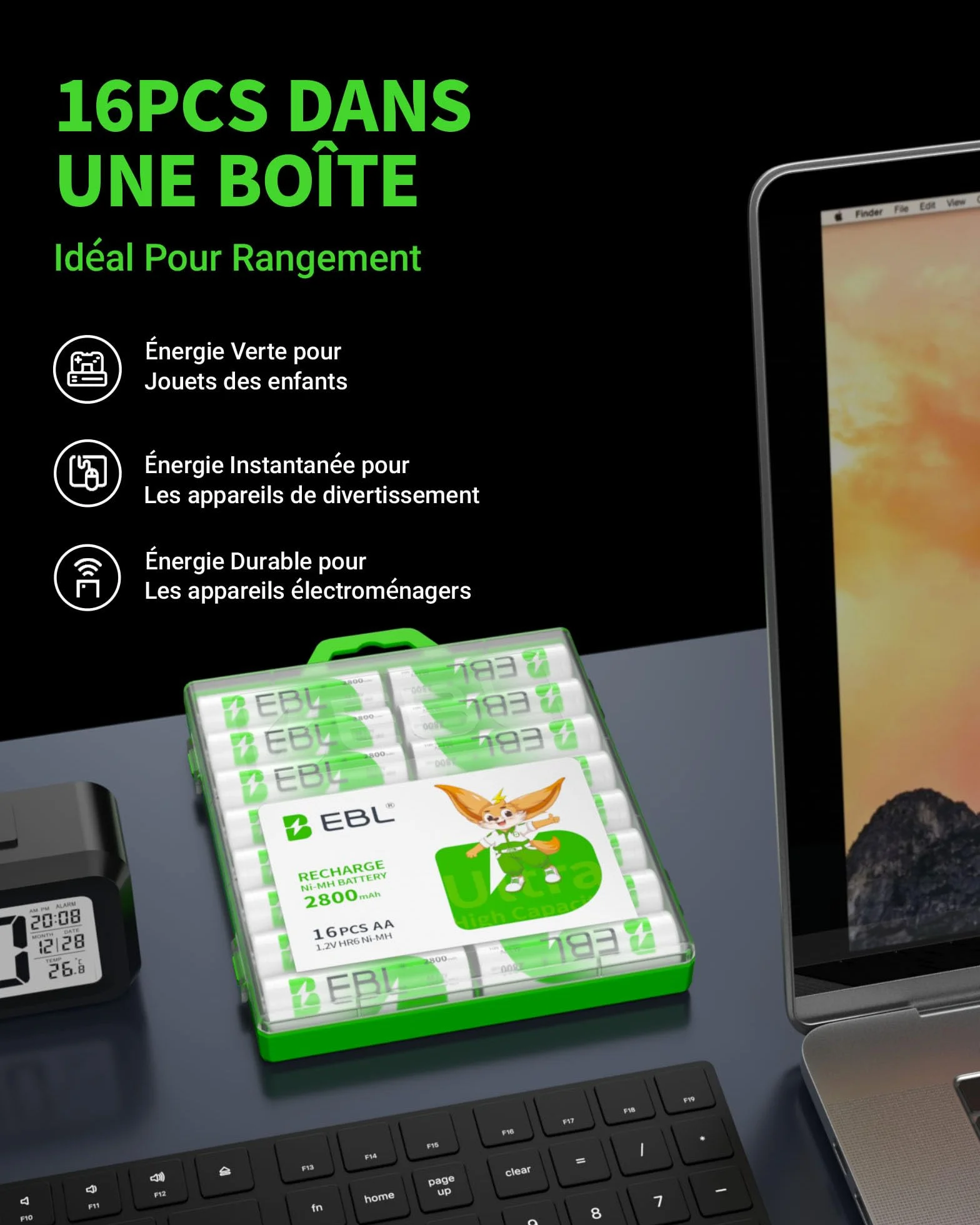 EBL Piles AA Rechargeables 2800mAh 1,2V Ni-MH HR6 Haute Performance Longue Durée avec Boîte de Stockage