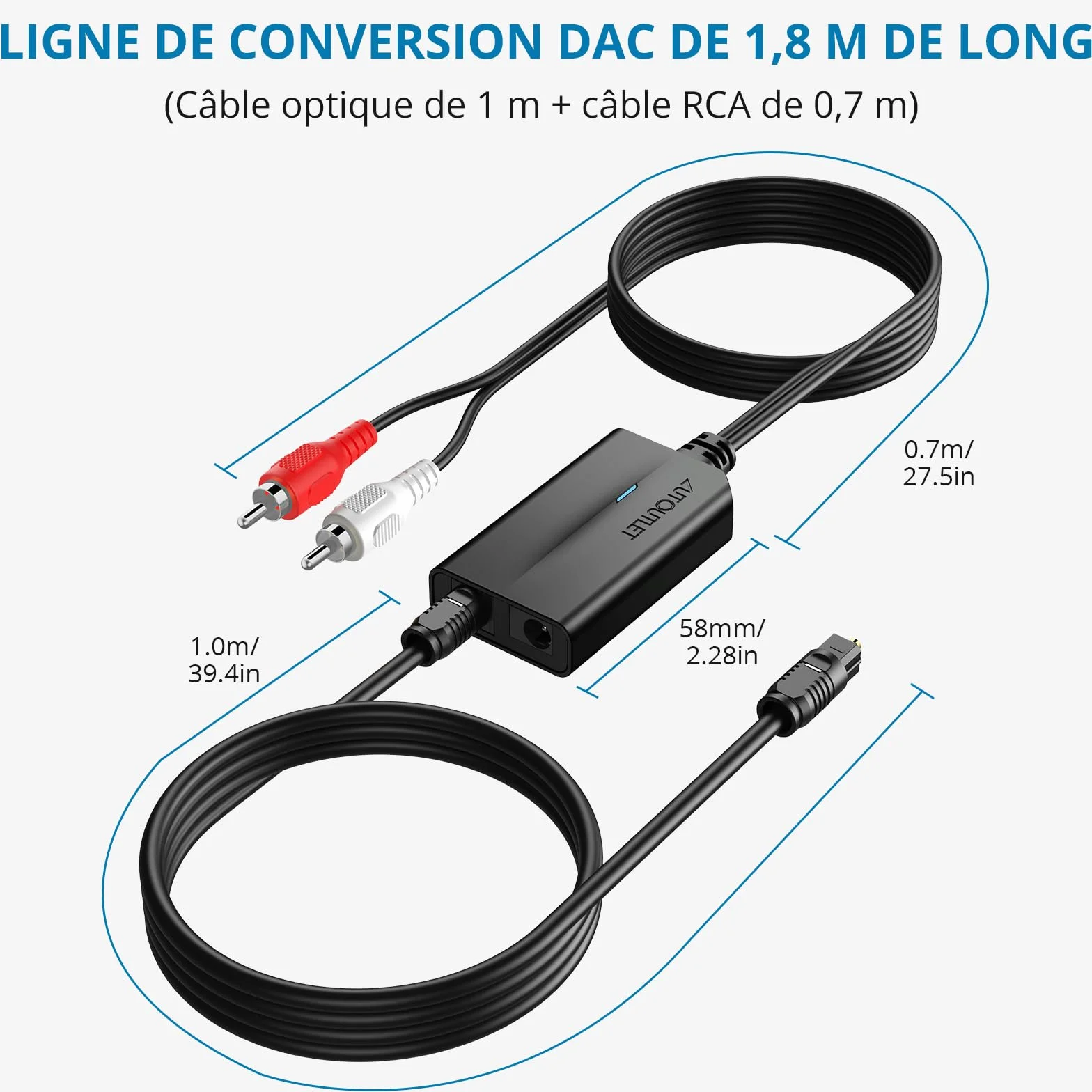 AUTOUTLET Convertisseur Audio Numérique Analogique 192kHz DAC Coaxial Optique SPDIF vers RCA Câble 0,8m + 1m pour HDTV DVD Blu-ray Sky