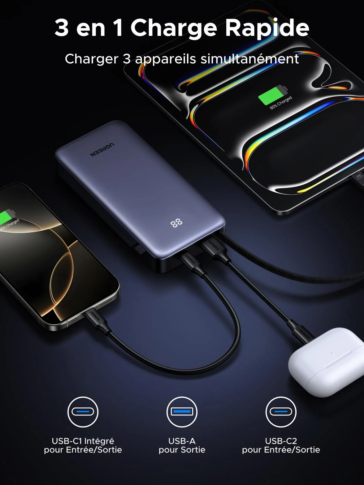 UGREEN Nexode 45W Power Bank 20000mAh PD3.0 USB C Câble Intégré Charge Rapide Portable pour iPhone 17 16 15 Galaxy S25 S24 MacBook