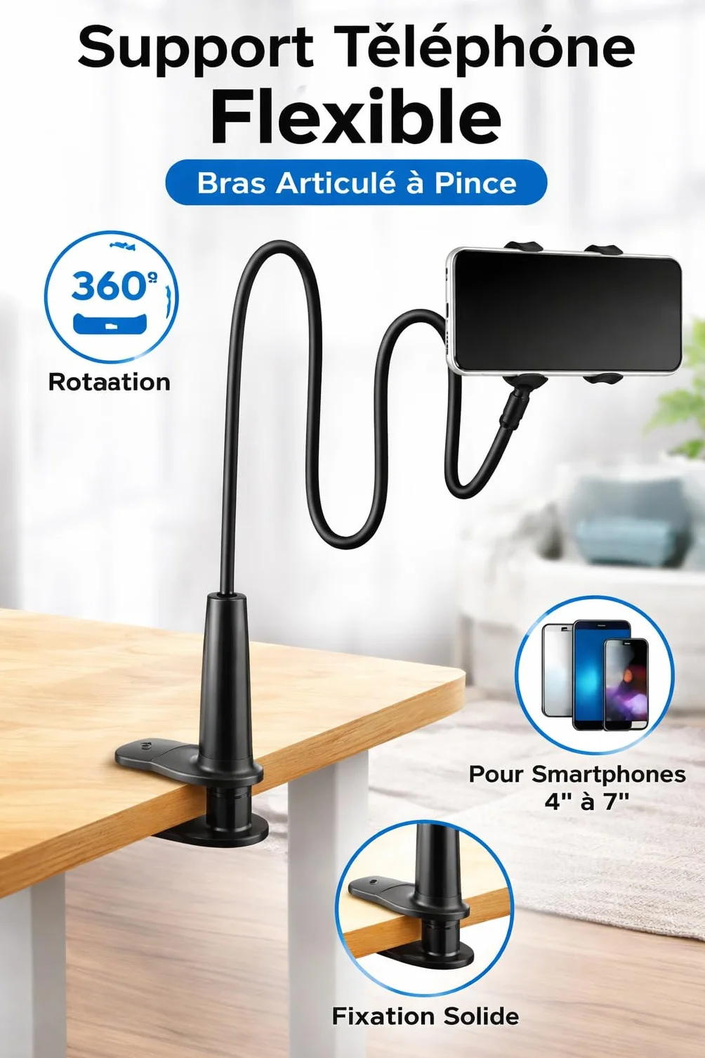 Support Téléphone pour Lit avec Bras Flexible à Col de Cygne – Support Smartphone Rotation 360° Réglable – Compatible iPhone 7 8 X XS 11 12 13 14 15 16 17 Pro Samsung Huawei Honor – 4 à 6,5 Pouces