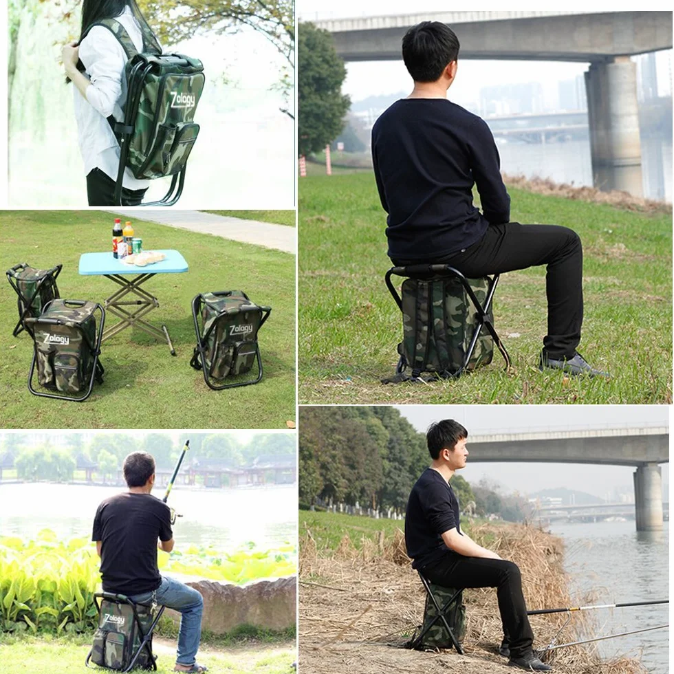 Sac à Dos de Camping Pliant avec Refroidisseur Isolé, Chaise Tabouret Pliant, Camouflage Portable Randonnée