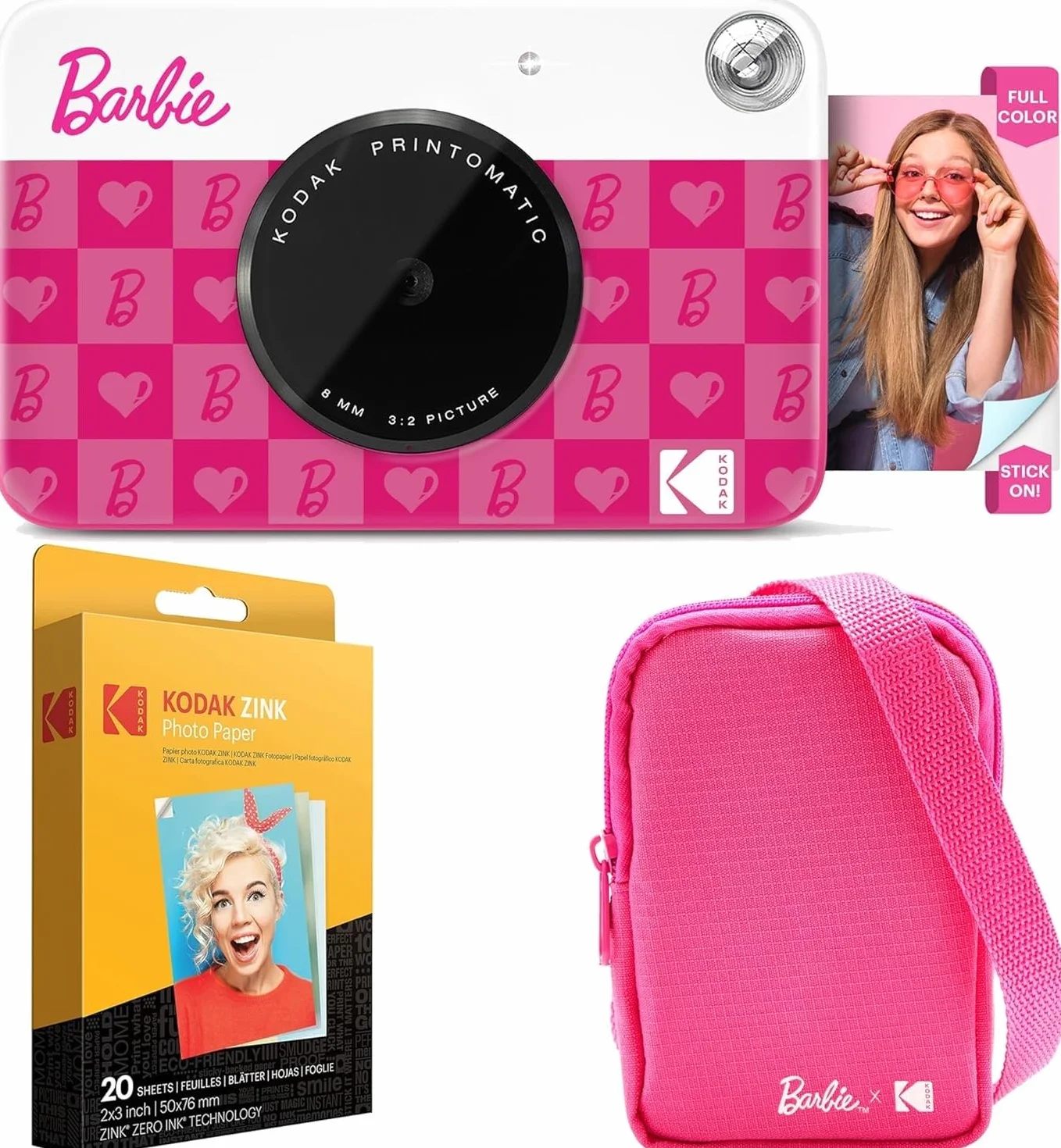 Kodak x Barbie Printomatic Appareil Photo Numérique Instantané Full-Color Barbie Starter Bundle (Style Iconique) + Étui Deluxe Barbie + Papier Zink (20 Feuilles)