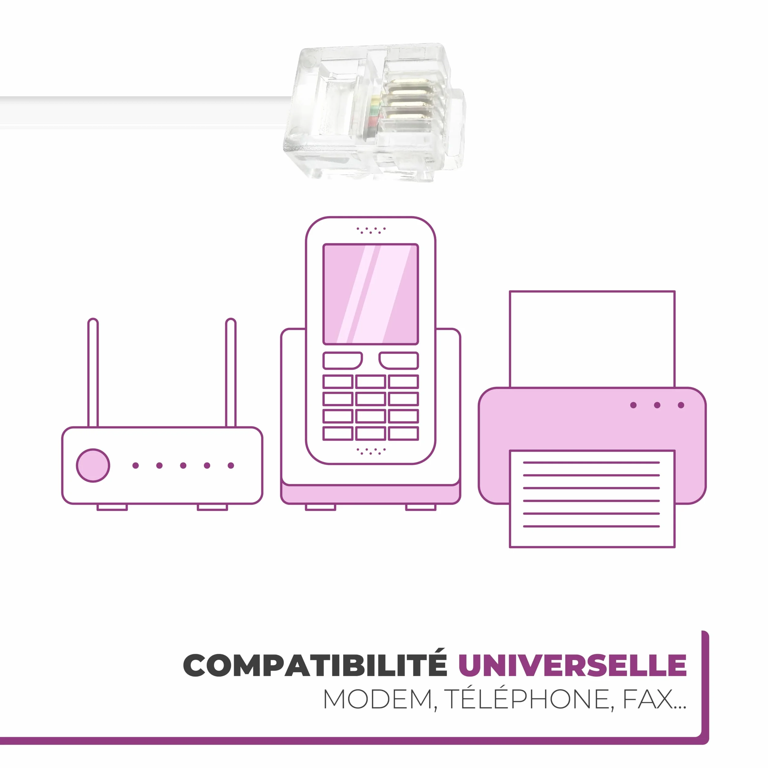 Câble ADSL RJ11 10M Cordon Téléphonique Modulaire 6P4C Plat ISDN DSL VDSL Blanc