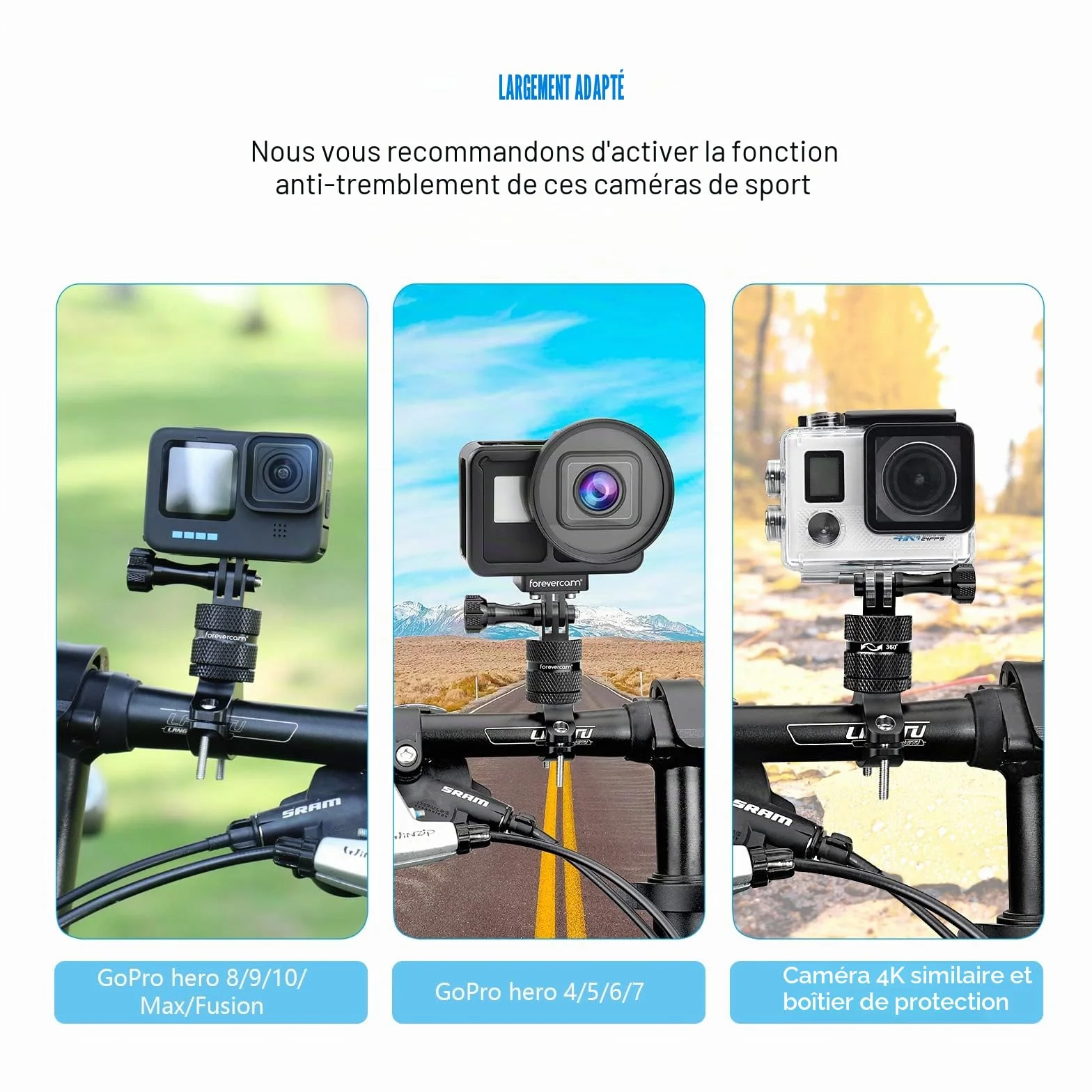 Forevercam-Support de caméra d’action en alliage d’aluminium pour guidon de vélo, rotation à 360 degrés, compatible avec diverses caméras