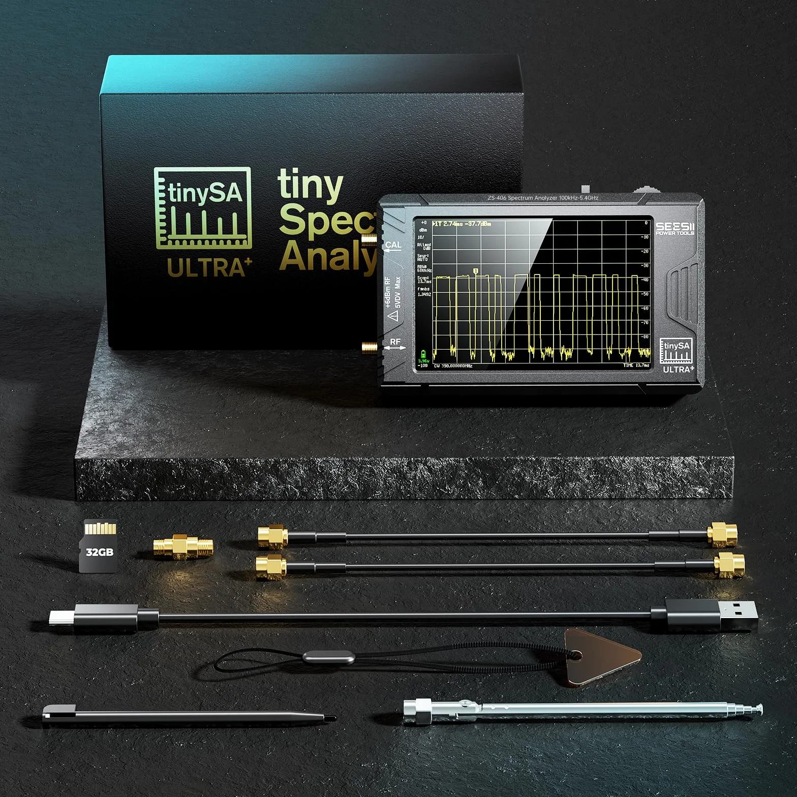 SEESII TinySA Ultra+ ZS406, Analyseur de Spectre 4,0 pouces, 100kHz-5,4GHz, Analyseur Portable avec Carte 32Go, Générateur de Signaux 2-en-1, Entrée MF/HF/VHF/UHF, V0.4.6.1, Version 2025