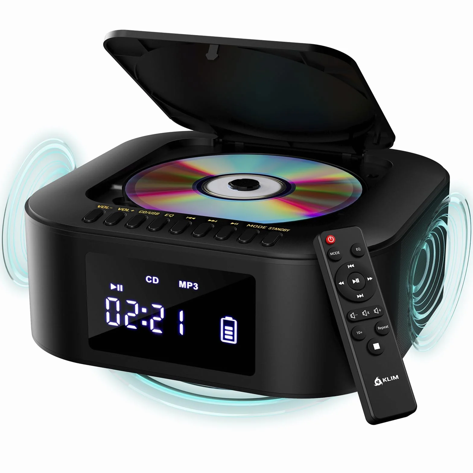 KLIM Boombox E1 - Poste Radio CD Portable - Extra Bass avec Subwoofer - Radio FM, CD, Bluetooth, USB, Bluetooth, MP3 - Mode Filaire et sans Fil avec Piles Rechargeables - Télécommande - Noir/Or