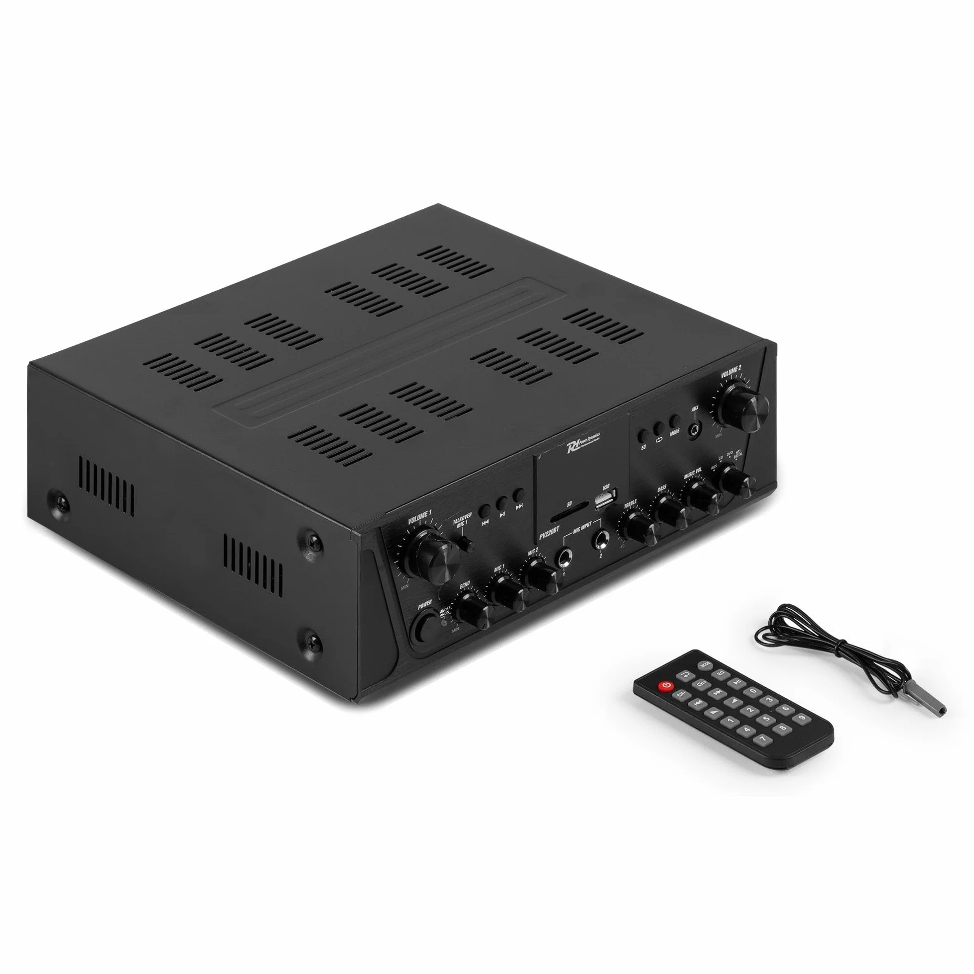 Power Dynamics PV220BT Amplificateur Audio Bluetooth 2x100W 2 Zones Lecteur MP3 USB/SD Radio FM Entrées RCA AUX Télécommande