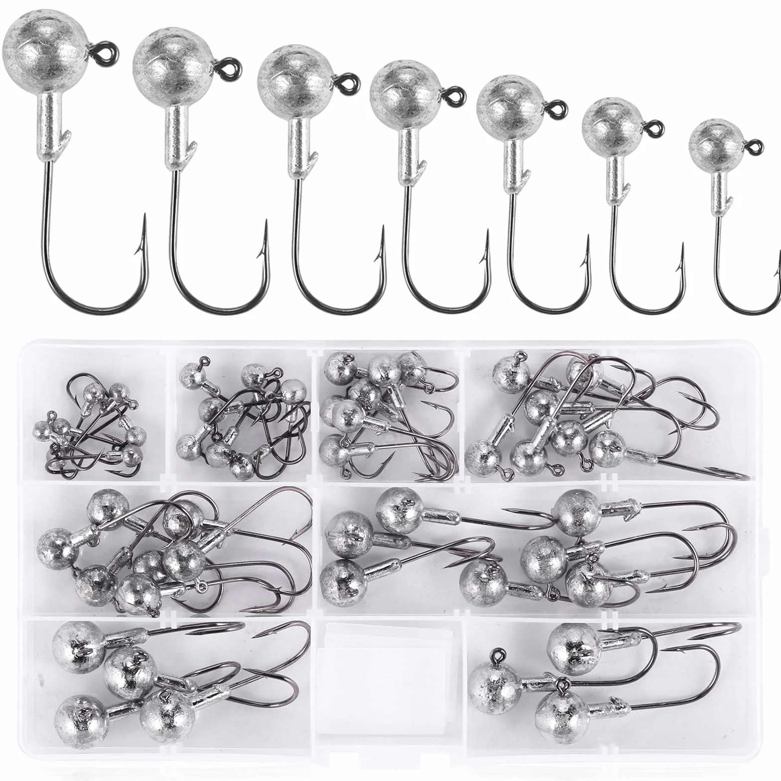 49pcs Têtes Plombées Crochets Kit Hameçons Pêche Brochet Leurre Souple Pêche Mer (1/2/3.5/5/7/10/14 g)