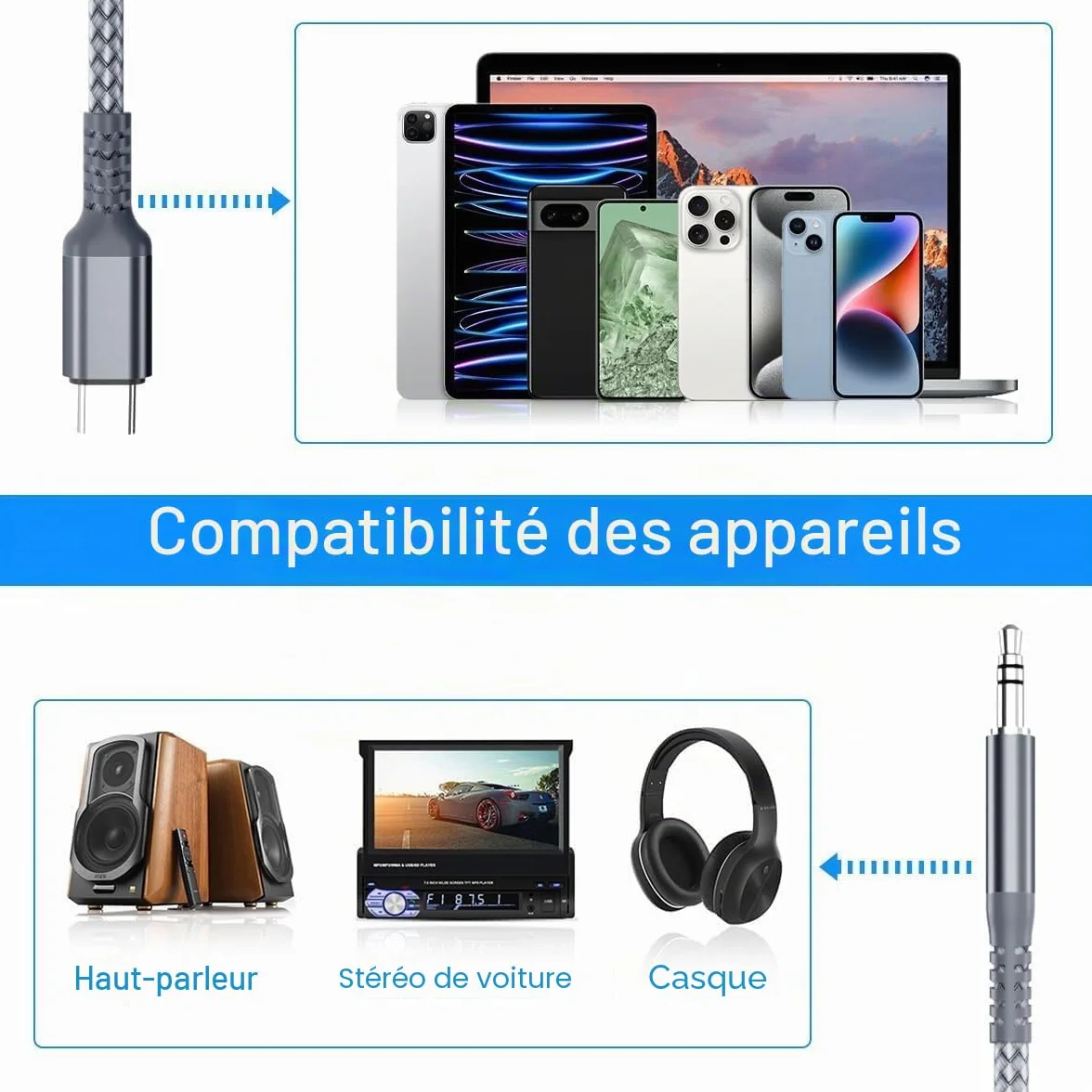 Elebase Câble USB C vers Jack 3.5mm 1.2M Adaptateur Audio pour iPhone 17 16 Pro Max, Samsung Galaxy S26 S25 S24