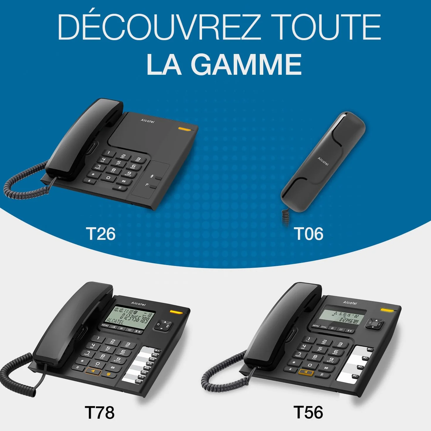 ALCATEL T06 - Téléphone Fixe Filaire - Design Ultra Compact - Fixation Murale - Touche Rappel - Noir