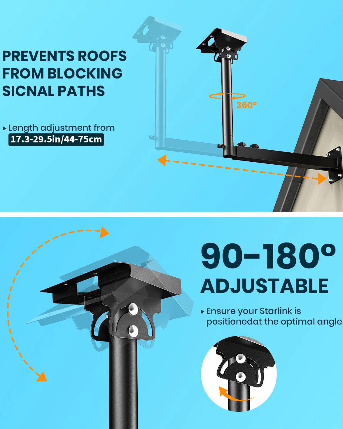 Support Starlink Gen 3 réglable à 360°, Support de mât Starlink avec adaptateur de tube Starlink Gen 3, Kit de montage mural long Starlink