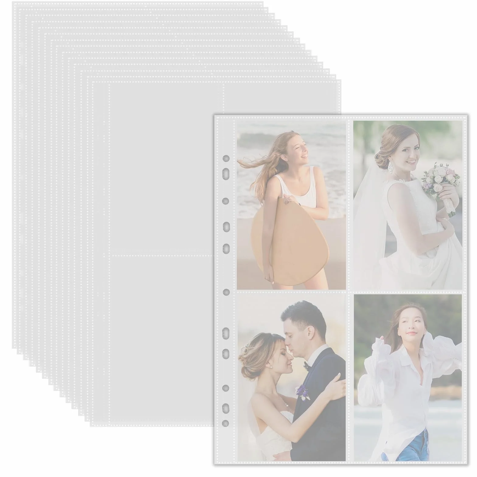 Lot de 55 pochettes A4 avec 440 compartiments double face, pochettes transparentes pour cartes postales avec 4 compartiments, pochettes transparentes A4, recharges pour albums photo