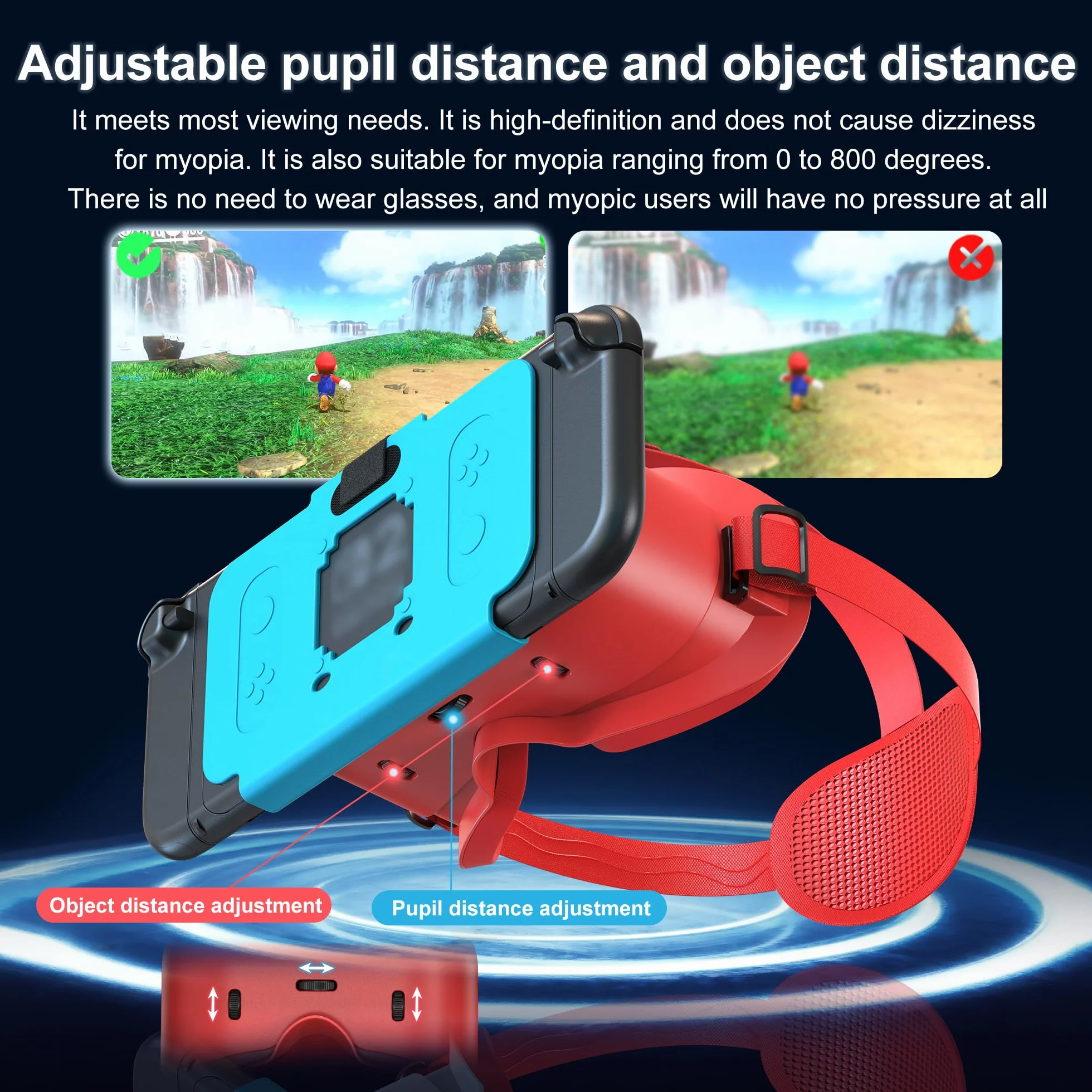 Casque réalité virtuelle Nintendo Switch 2 objectifs HD réglables sangle confortable lunettes 3D bleu rouge