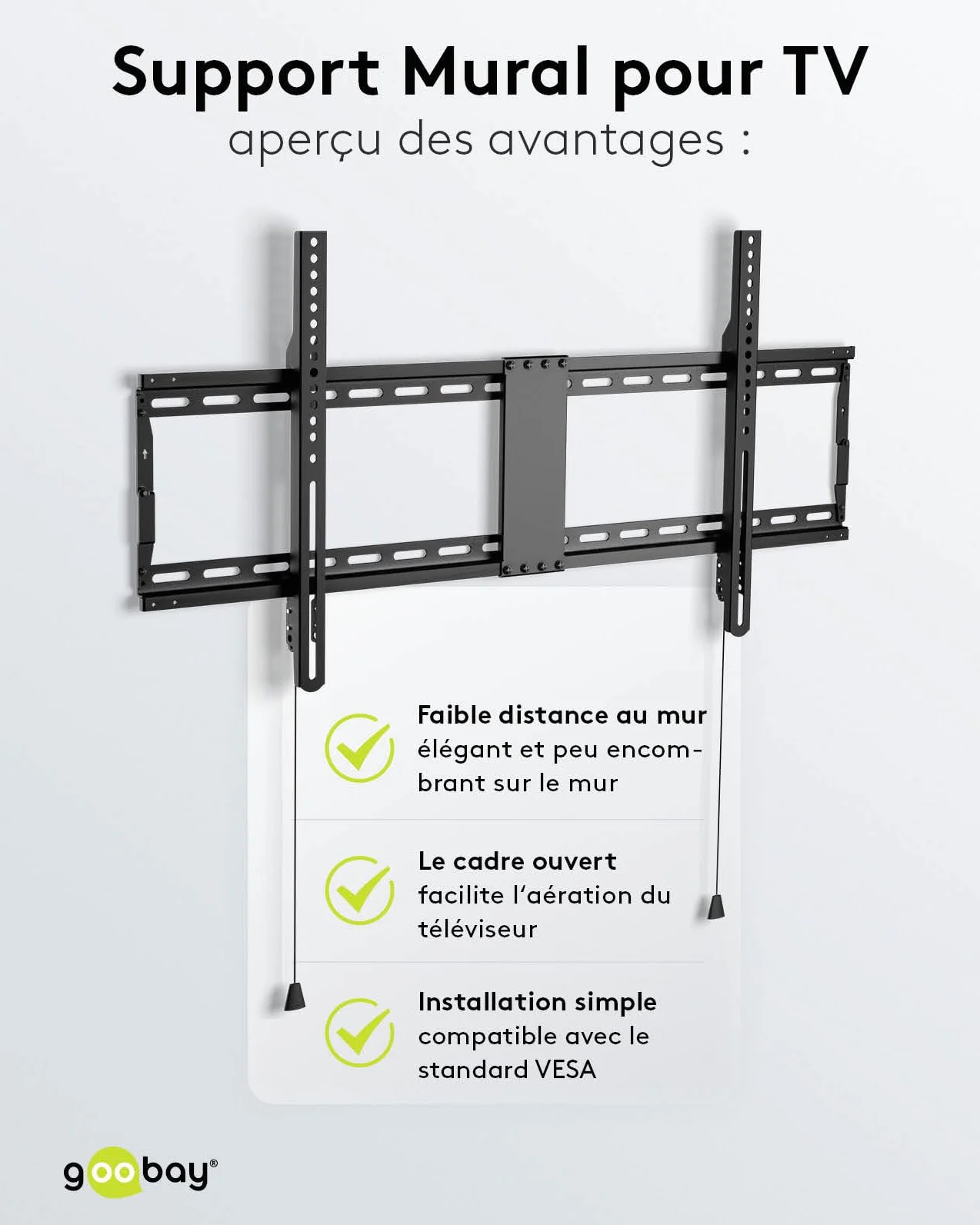 goobay Support TV Mural Fixe 43-100 Pouces Ultra-Plat 29 mm VESA 600x400 Jusqu'à 70 kg - Basic FIXED XL - 49742