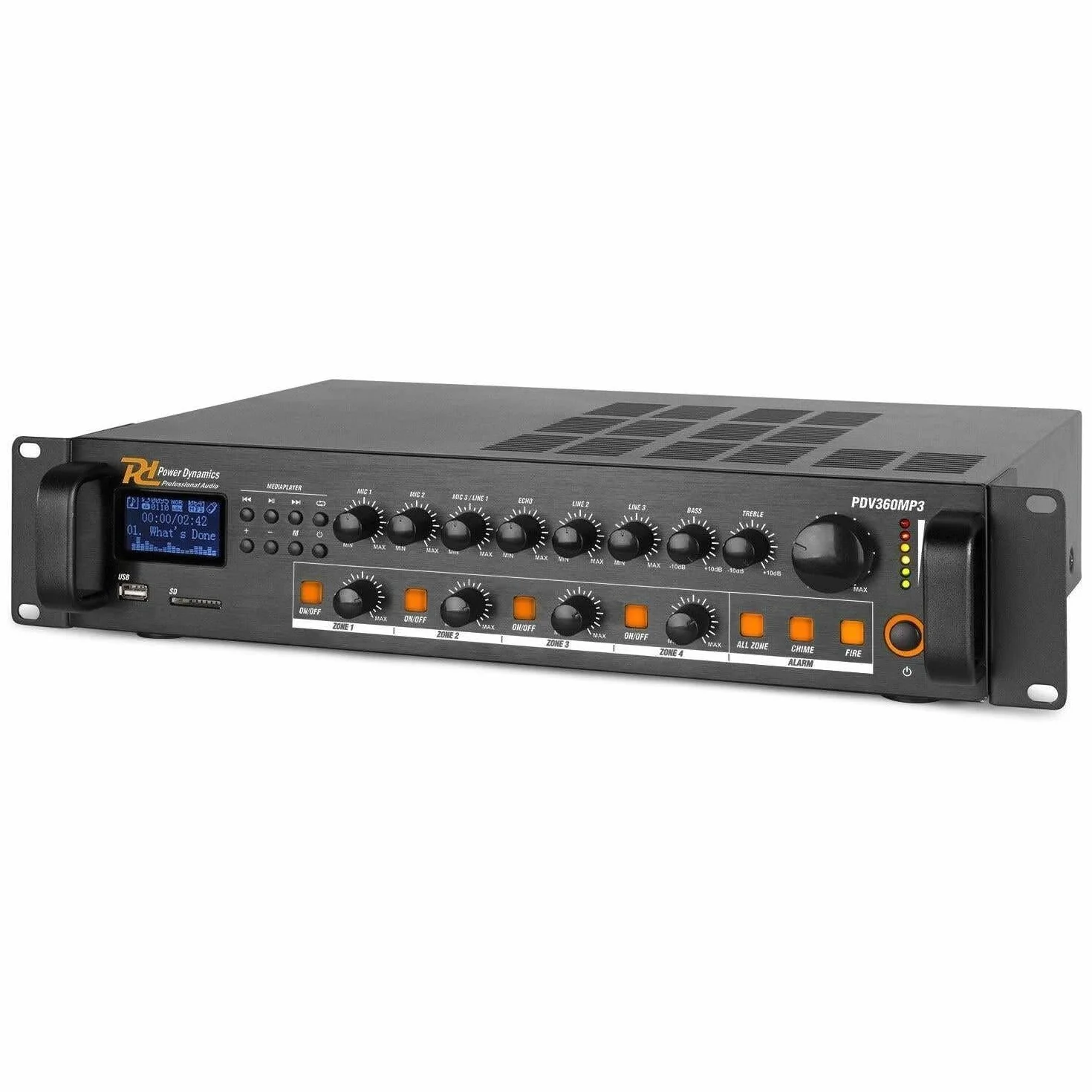 Power Dynamics PDV360MP3 Amplificateur Mixeur 100V 4 Zones - 360W, USB, SD, MP3, Bluetooth, Tuner FM, Canal Micro, Contact 24V pour Alarme Incendie, Idéal pour Tout Lieu à Sécuriser