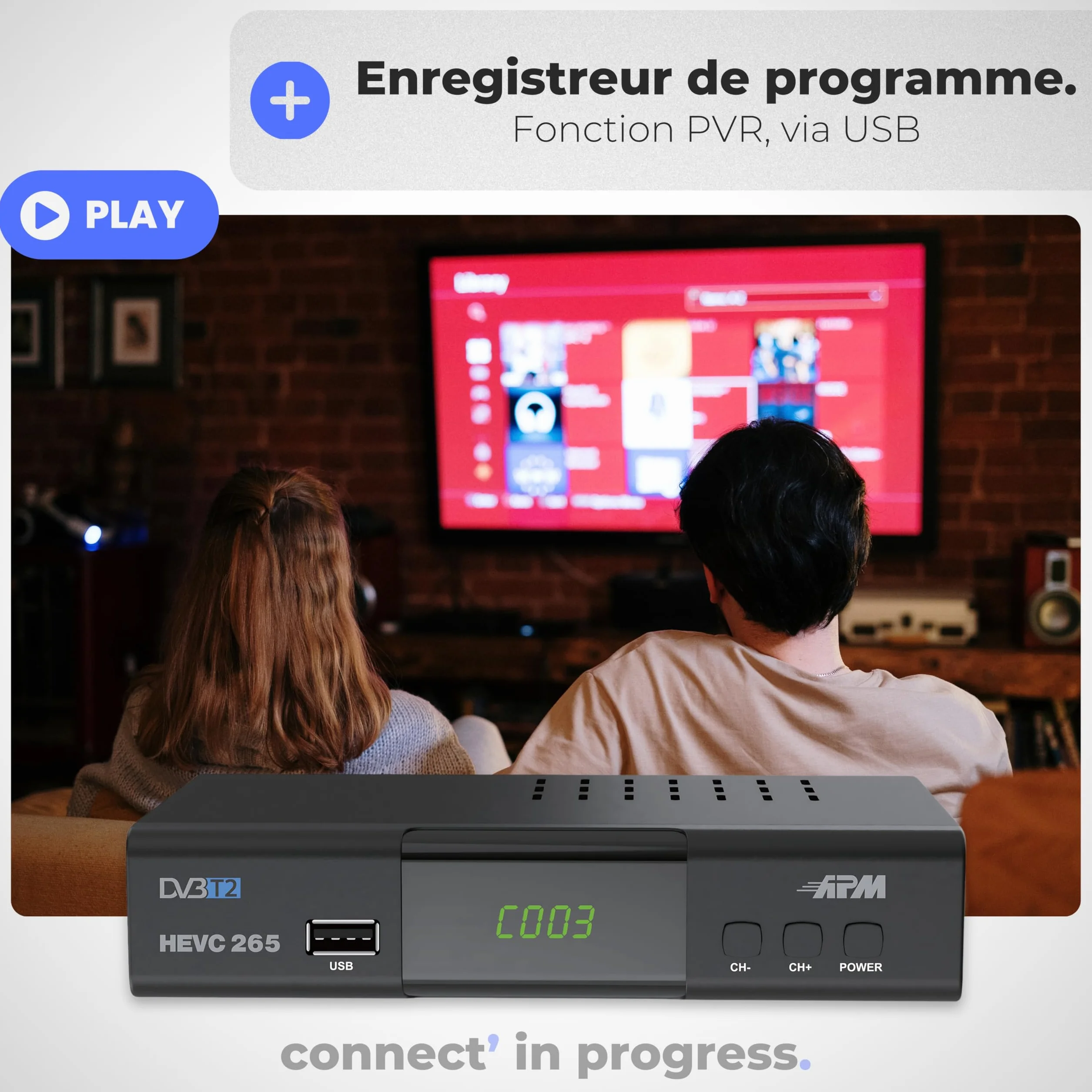 APM Décodeur TNT Full HD 1080p H.265 HEVC DVB-T2 DVB-C HDMI Péritel USB Coax