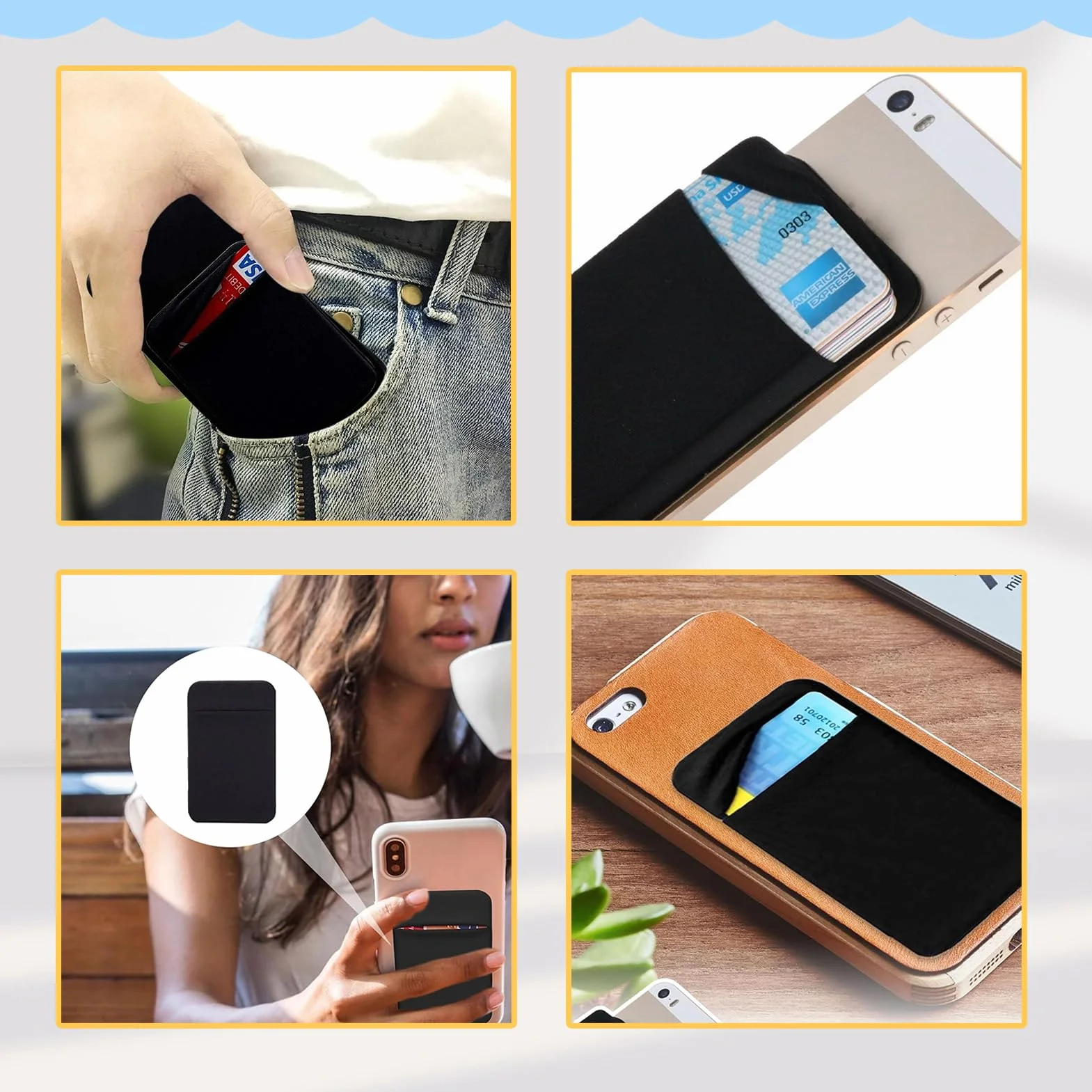 Lot de 3 Porte-Cartes pour Téléphone Portable avec Autocollant Adhésif, Noir