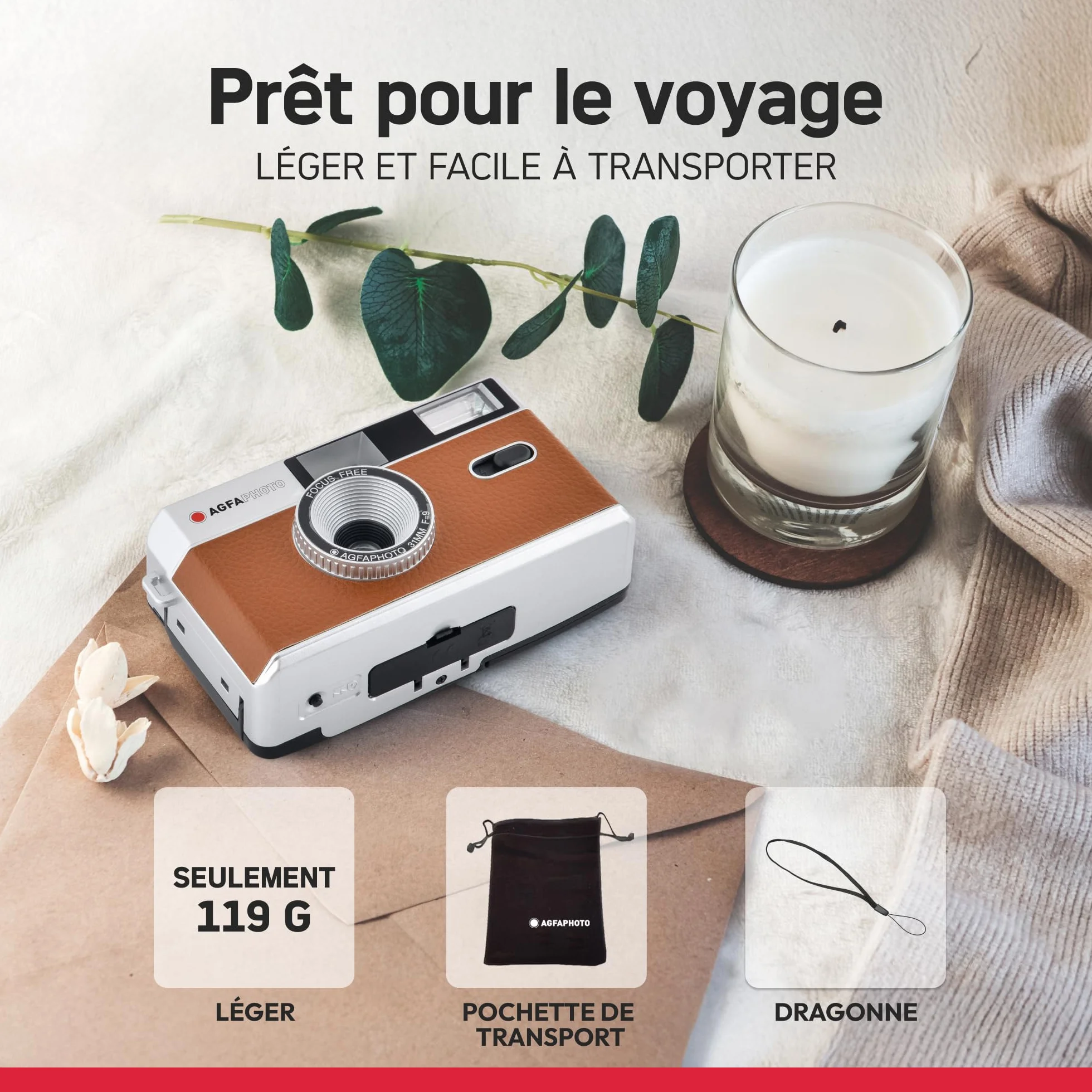 AGFAPHOTO - Appareil Photo Argentique 35mm – Objectif 31 mm F9, Flash Intégré, Mise au Point Fixe, Compatible Pellicules ISO 200/400/800 – Étui et Dragonne Inclus - Beige