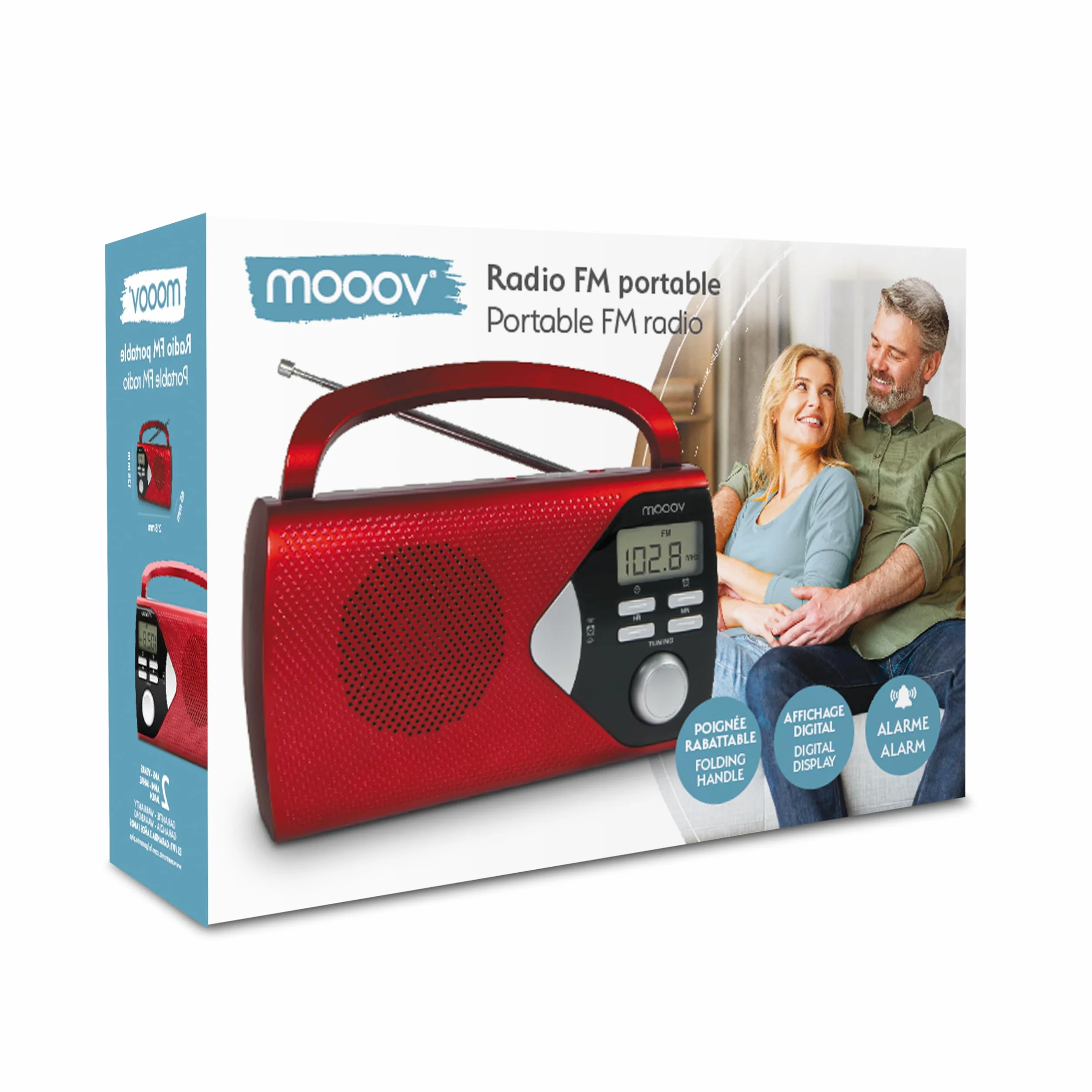 MOOOV 477201 Radio Portable à Pile FM/AM, Tuner Affichage Digital, Poste avec Poignée de Transport Rabattable, Facile d'Utilisation, Fonction Heure & Alarme, Secteur ou Piles - Rouge