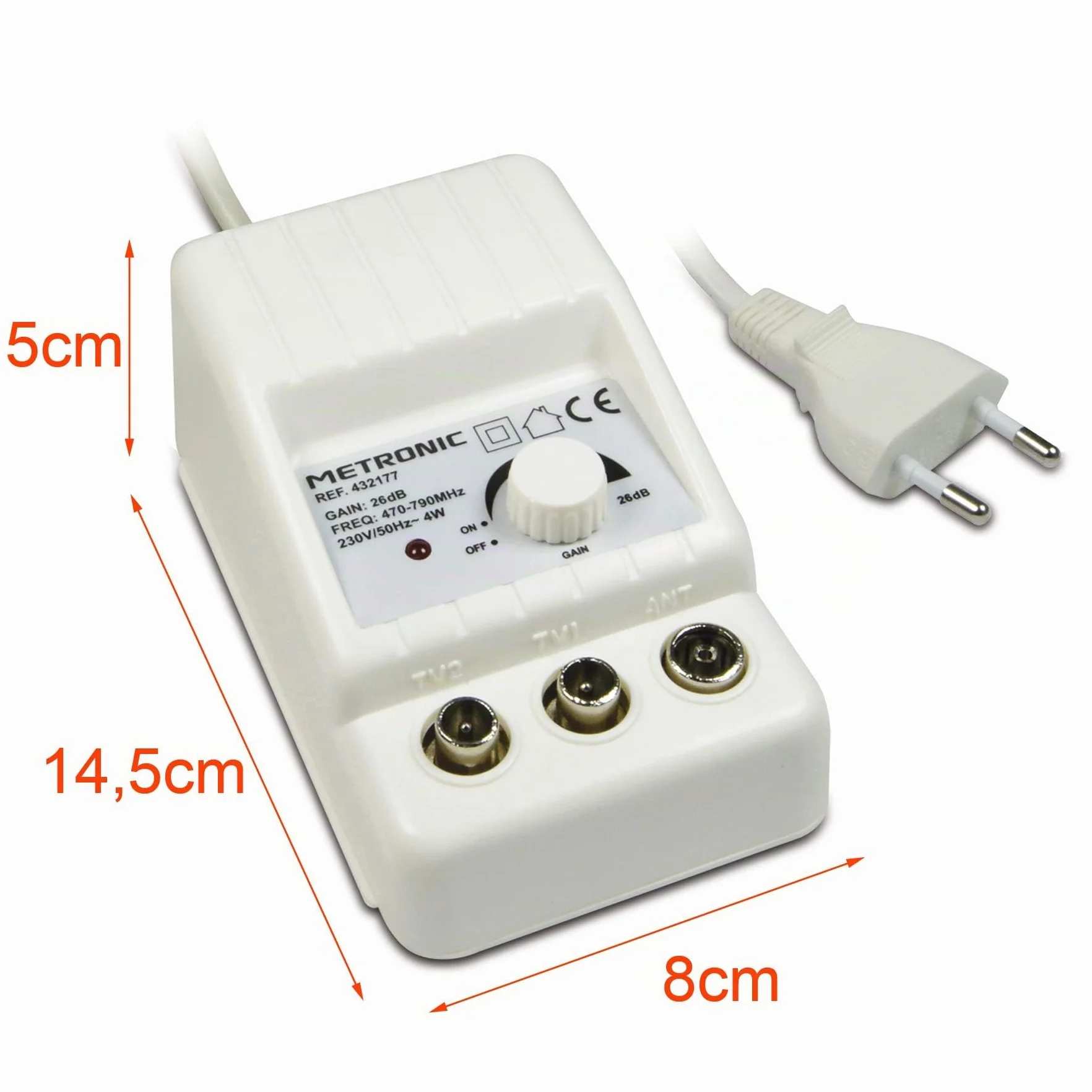 METRONIC Amplificateur d'Antenne TV Intérieure TNT 26 dB 2 Sorties Compatible 4G-5G Blanc
