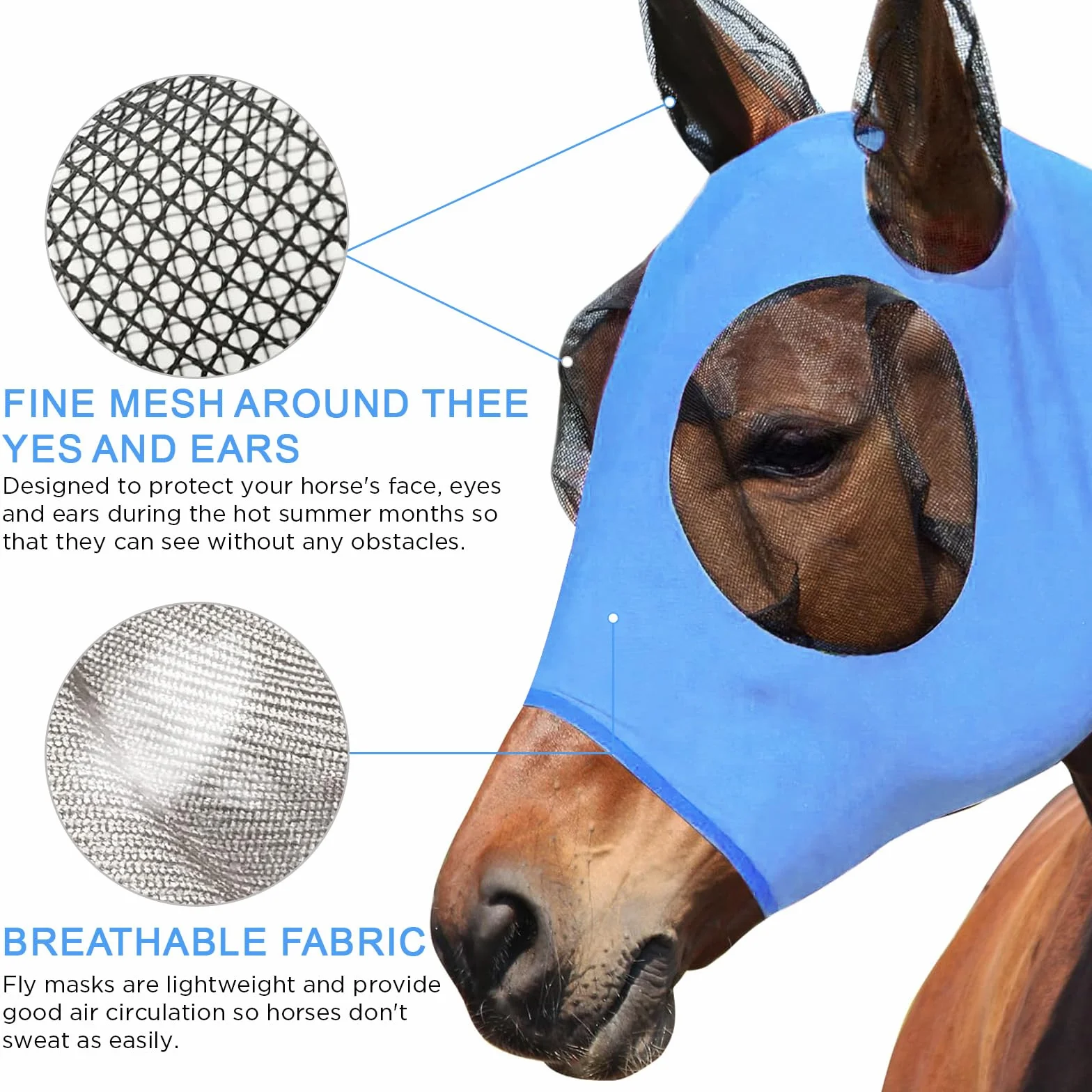 Masque Anti Mouche Cheval Protection UV élastique (Bleu)