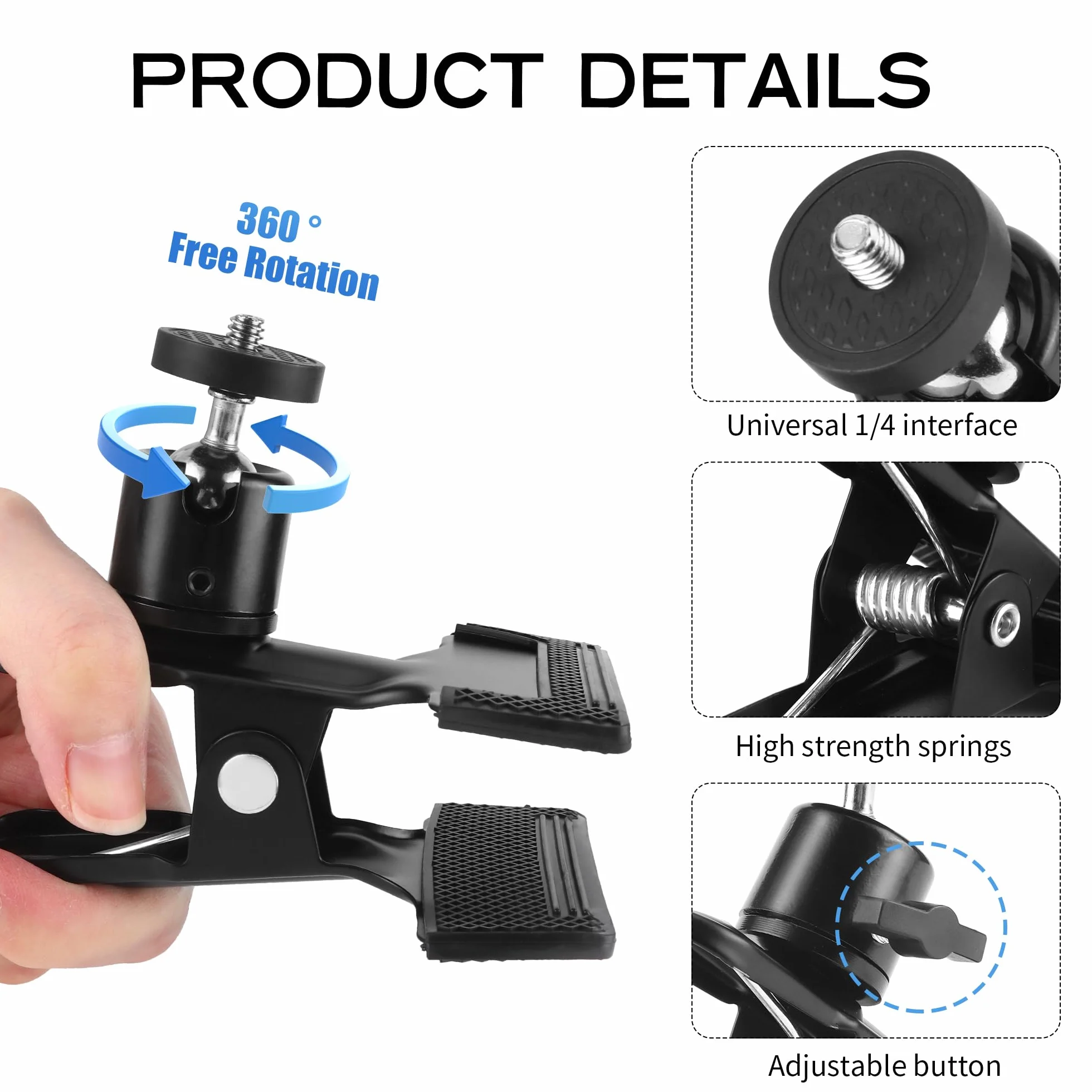 3 Pièces Support Pince avec Rotule Rotative,Pince Porte Réflecteur en Métal avec Support à Vis 1/4 Supports d'Appareils Photo pour Flash Noir