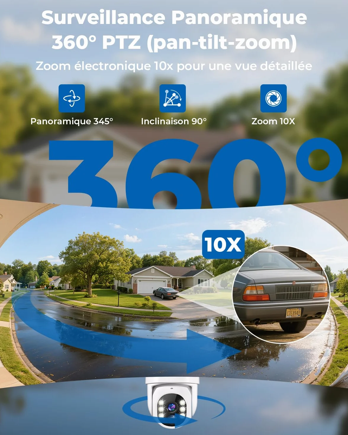 WESECUU Camera Surveillance WiFi Exterieure sans Fil Solaire 2.5K 4MP avec Panneau Solaire 5W, 360° PTZ, IP66