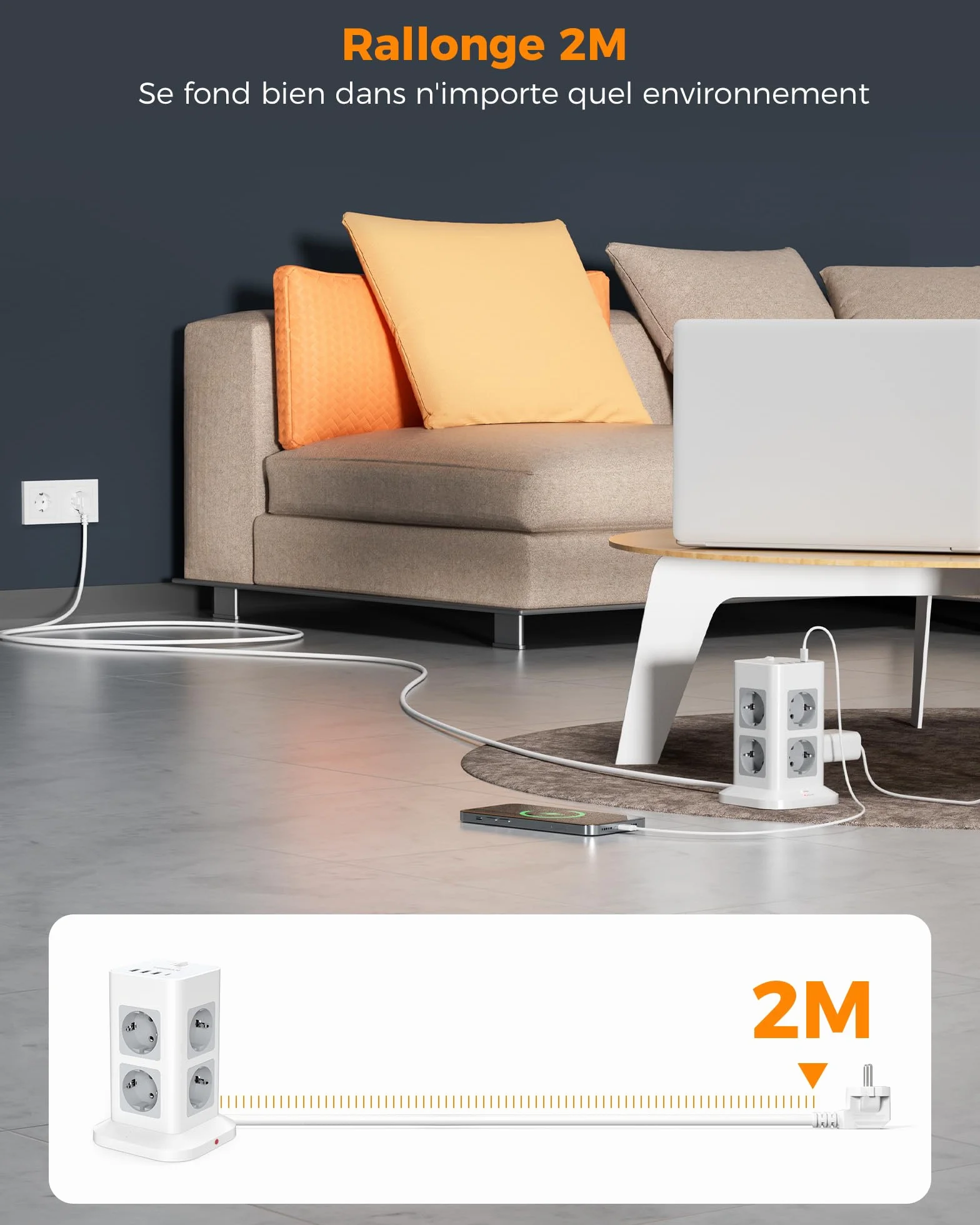 TESSAN Tour Multiprise 8 Sorties AC avec 4 USB (3A1C), Multiprise avec Interrupteur Rallonge Electrique 2m, Prise Multiple 3600W Parafoudre et Surtension, Convient pour Maison, Bureau, Gris