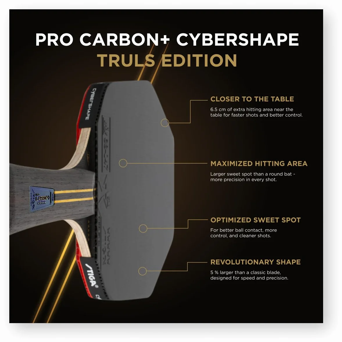 STIGA Pro Carbon Plus Cybershape Truls Edition Raquette de Ping-Pong 5 étoiles, Sweet Spot Plus Grand, Technologie Touch Carbon, Revêtements STAR5 approuvés ITTF