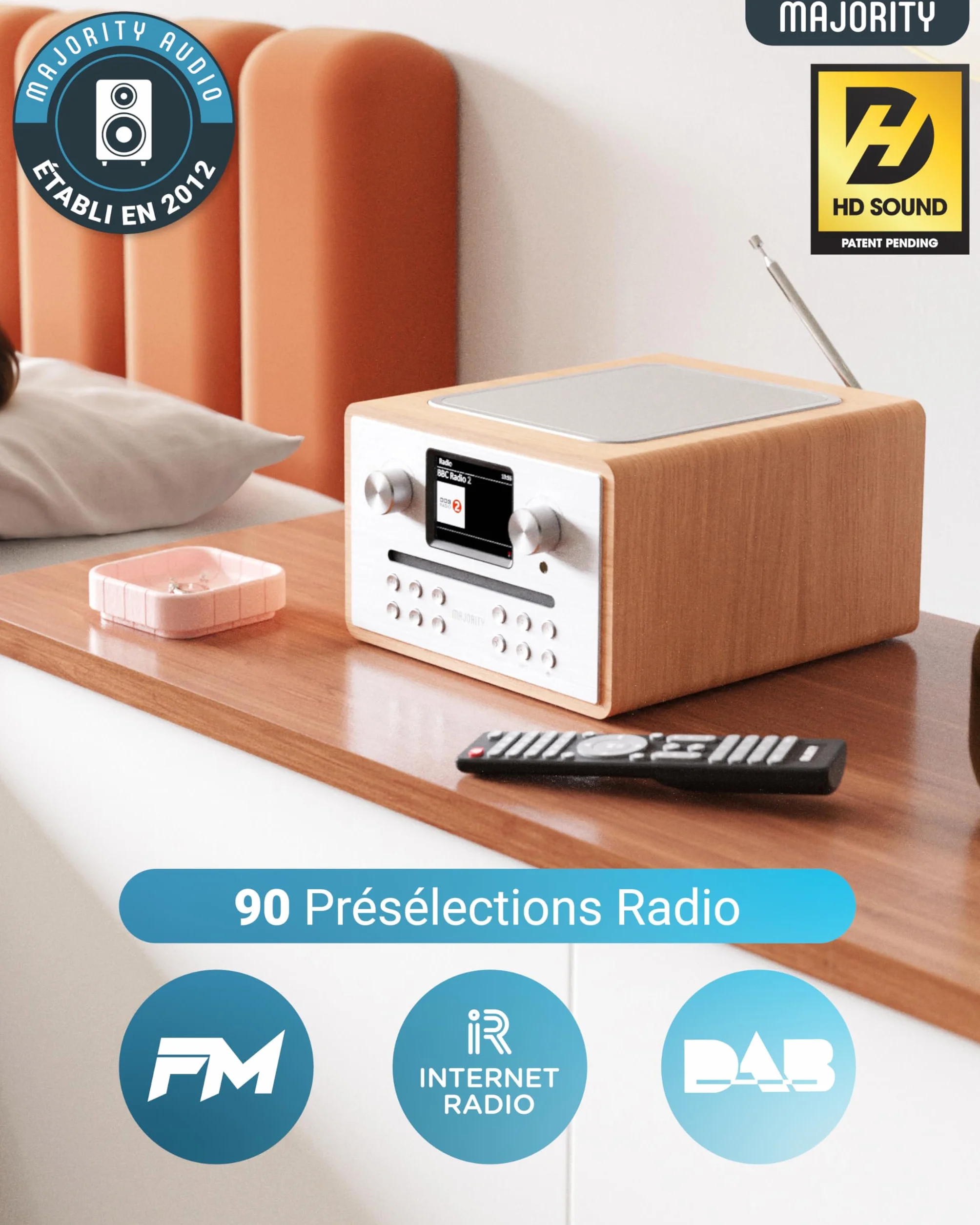Majority Homerton Radio Dab Plus avec Lecteur CD Bluetooth Poste Radio Internet WiFi Ampli Tuner CD Spotify Connect Écran LED Couleur Télécommande Chêne
