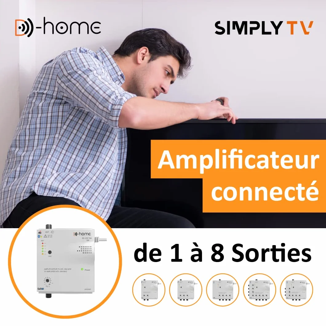 Amplificateur TV TNT Intérieur 32dB 2 Sorties Connecté Filtré 4G-5G avec App Mobile TV Finder
