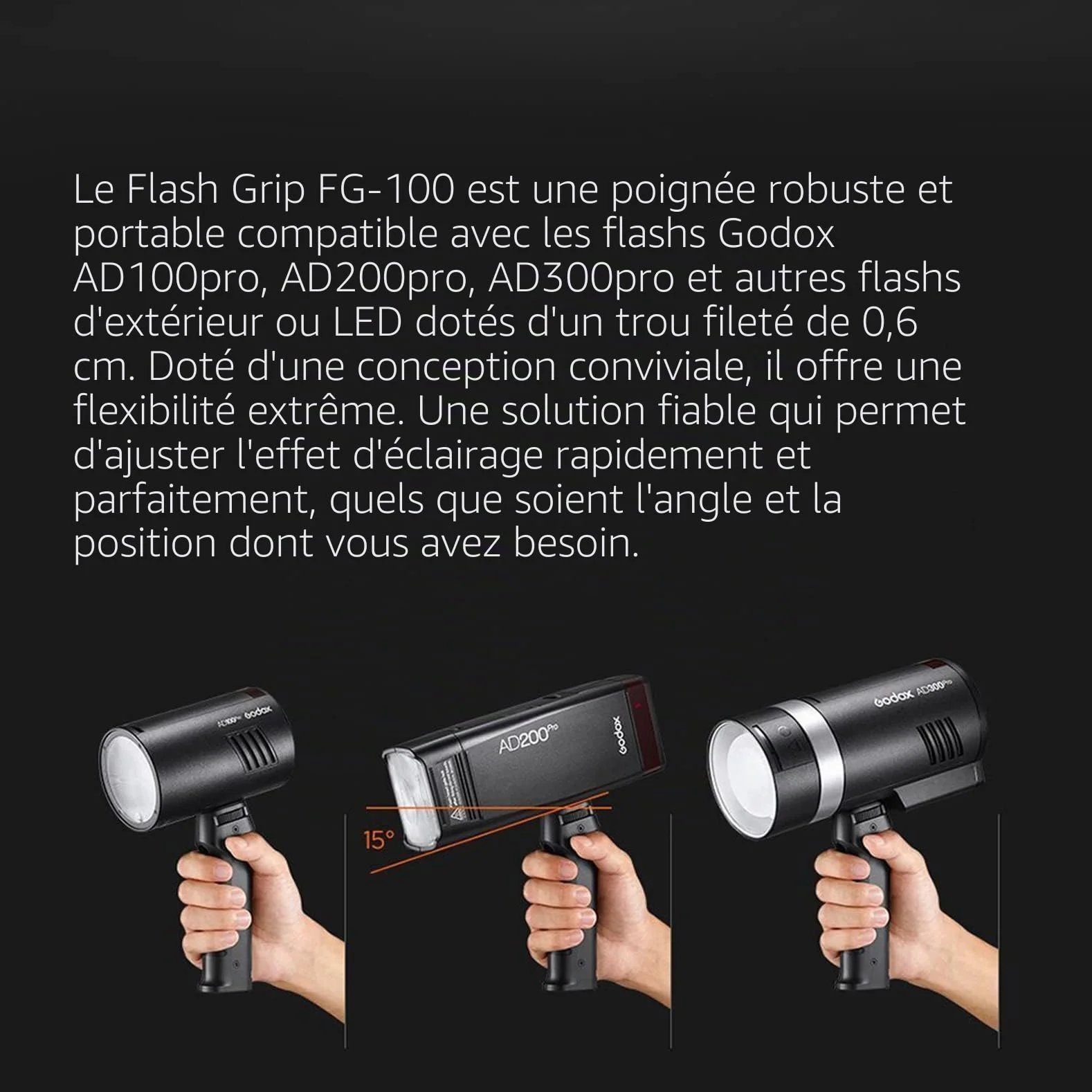 Godox FG-100 Poignée Flash, Poignée de Support de Flash Portable avec Stabilisateurs de Support Speedlite à Vis 1/4", Postuler à Godox AD200 Pro/AD300 Pro/AD300Pro II/AD100 Pro etc