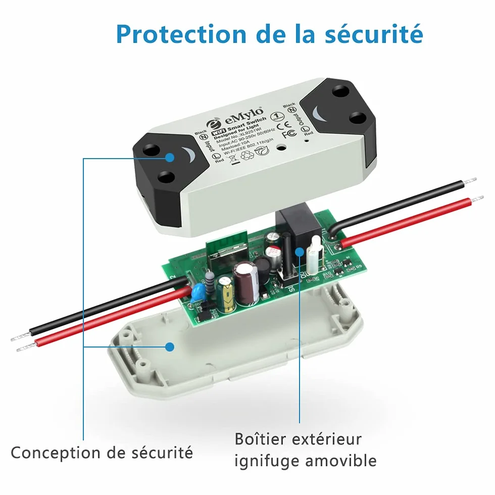 eMylo Commutateur WiFi intelligent Interrupteur d'éclairage universel Smart Home DIY Module de relais sans fil Télécommande Minuterie Commande vocale avec Alexa, Google Home Via Android IOS 1PC