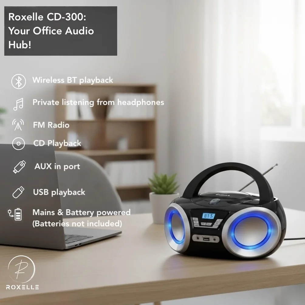Lecteur CD portable CD-300 BT FM MP3 USB AUX éclairage RVB double alimentation AC batterie écran LCD prise casque