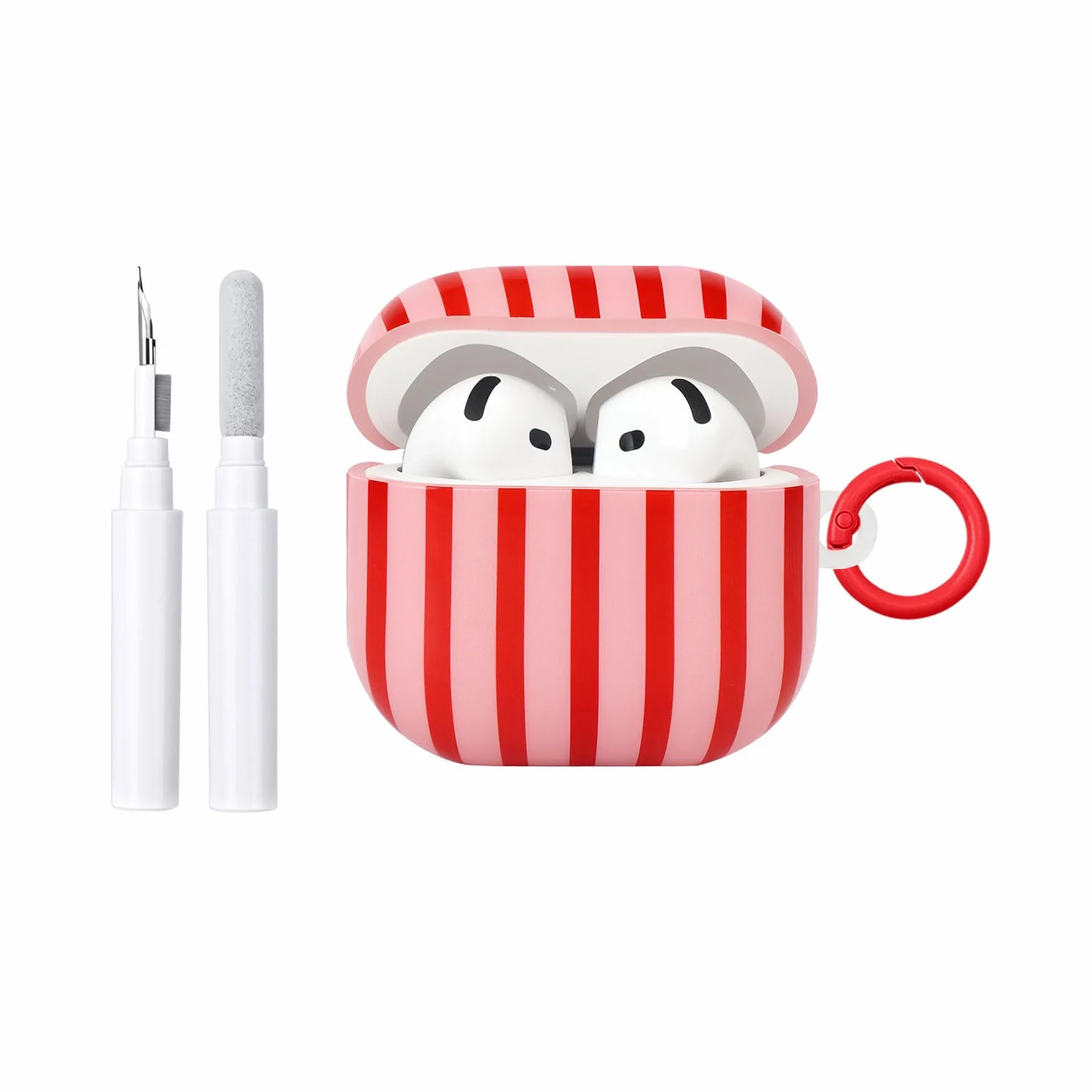 Compatible avec Coque AirPods 4 Génération avec Kit Nettoyage, Étui Housse Mignon Fashion Rayures Motif Esthétique Stripes Design, Antichoc Porte - Clés Couvercle Soft Etui - Rouge