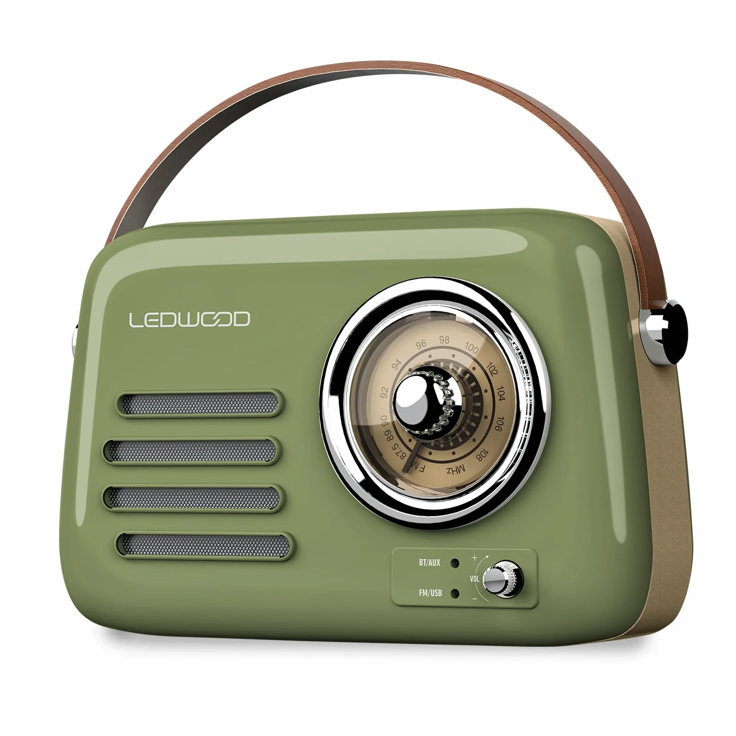 Radio Rétro Portable Ledwood Alma, FM, Bluetooth Entrée USB, Puissance 30W - Batterie 3,7V-1500mAh - Retro Vintage - Vert Olive