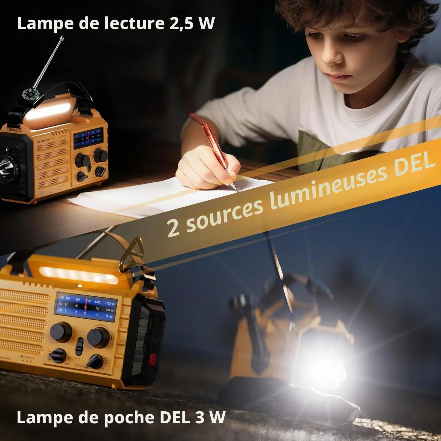 Radio Solaire de Chantier Portable AM/FM/SW 4000mAh Lampe LED Alarme SOS Boussole