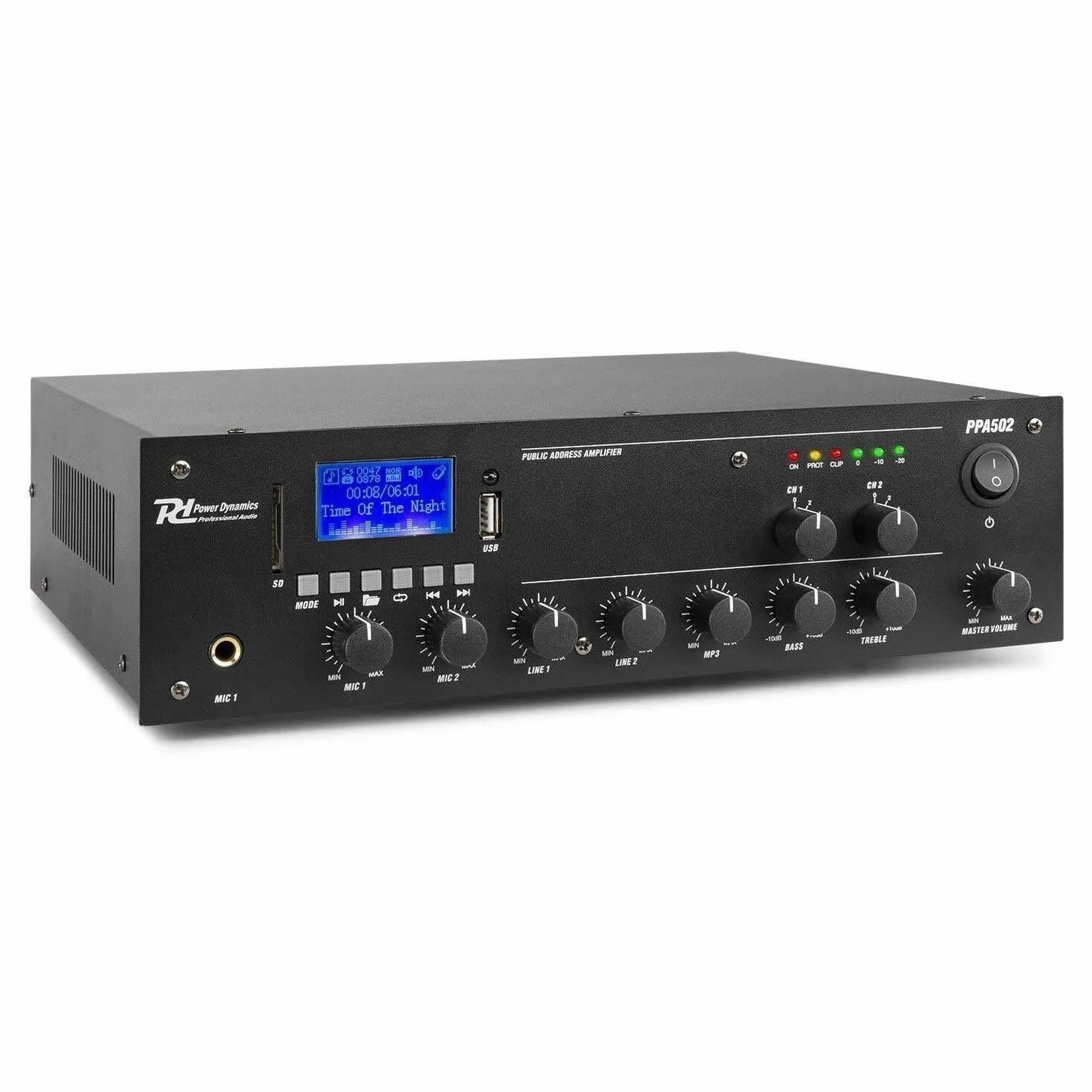 Power Dynamics PPA502 Amplificateur 2 Zones Bluetooth 100V 50W Lecteur MP3 USB Télécommande Entrée Ligne Prise 6,3mm