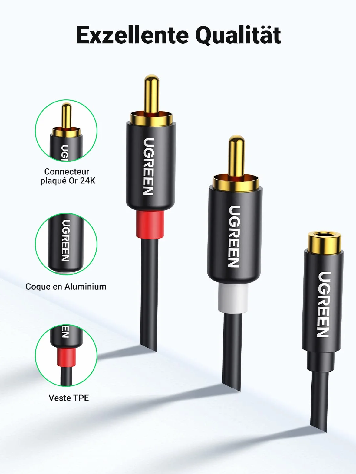 UGREEN Câble RCA Jack 3.5mm Femelle vers 2 RCA Mâle Adaptateur Stéréo Compatible avec Téléphone TV PC Tablette Ampli Chaîne HiFi Barre de Son Home Cinéma Enceinte 25CM