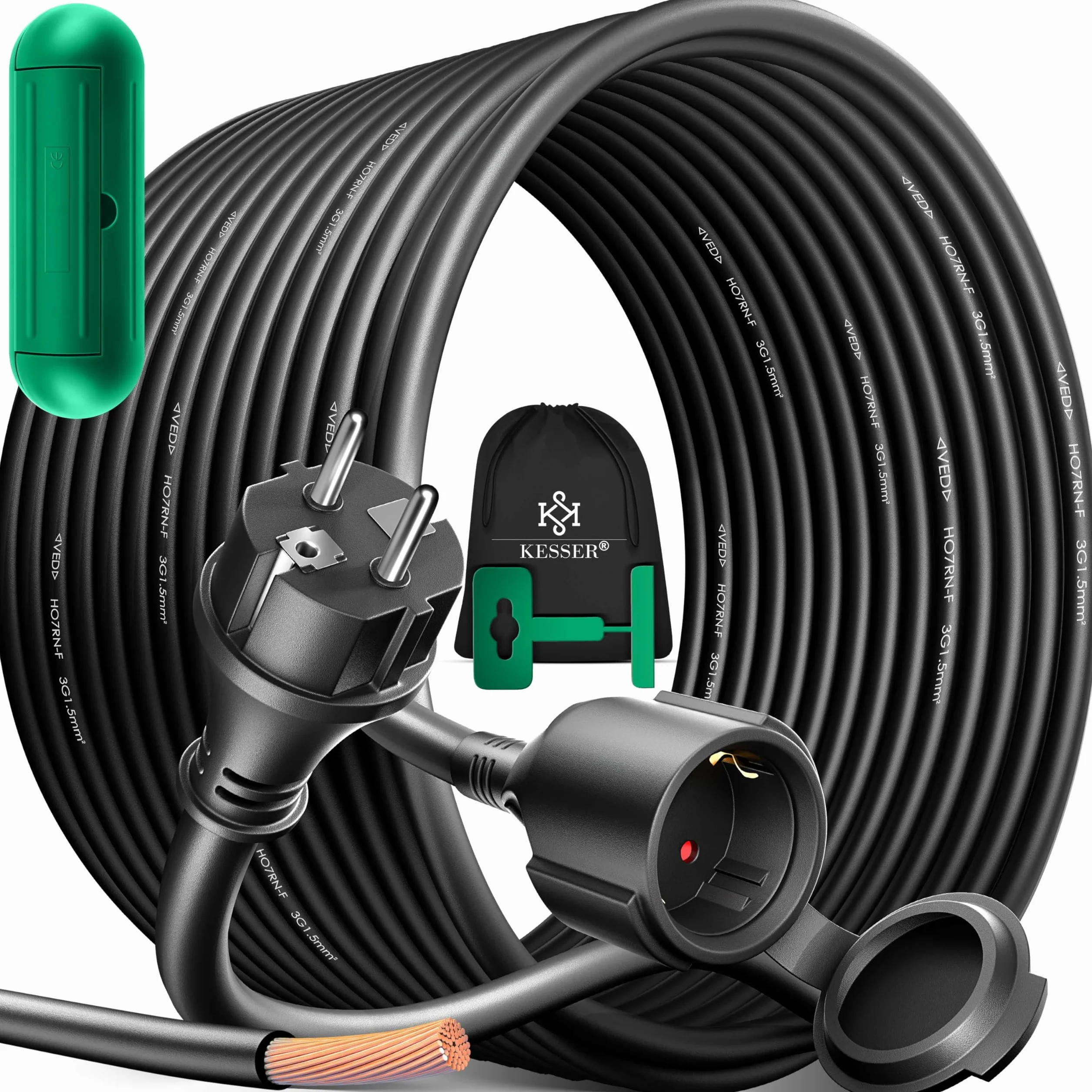 KESSER Rallonge 3 Prises 250 V IP44 40m Noir Câble électrique extérieur