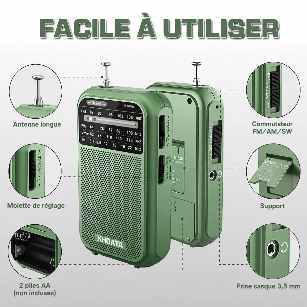 XHDATA D220 Radio Portable FM/AM/SW, Mini Radio à Piles Survie (AA) avec Réception Haute Performance, TransistorRadio pour Cadeau, Famille, Séniors(Vert)