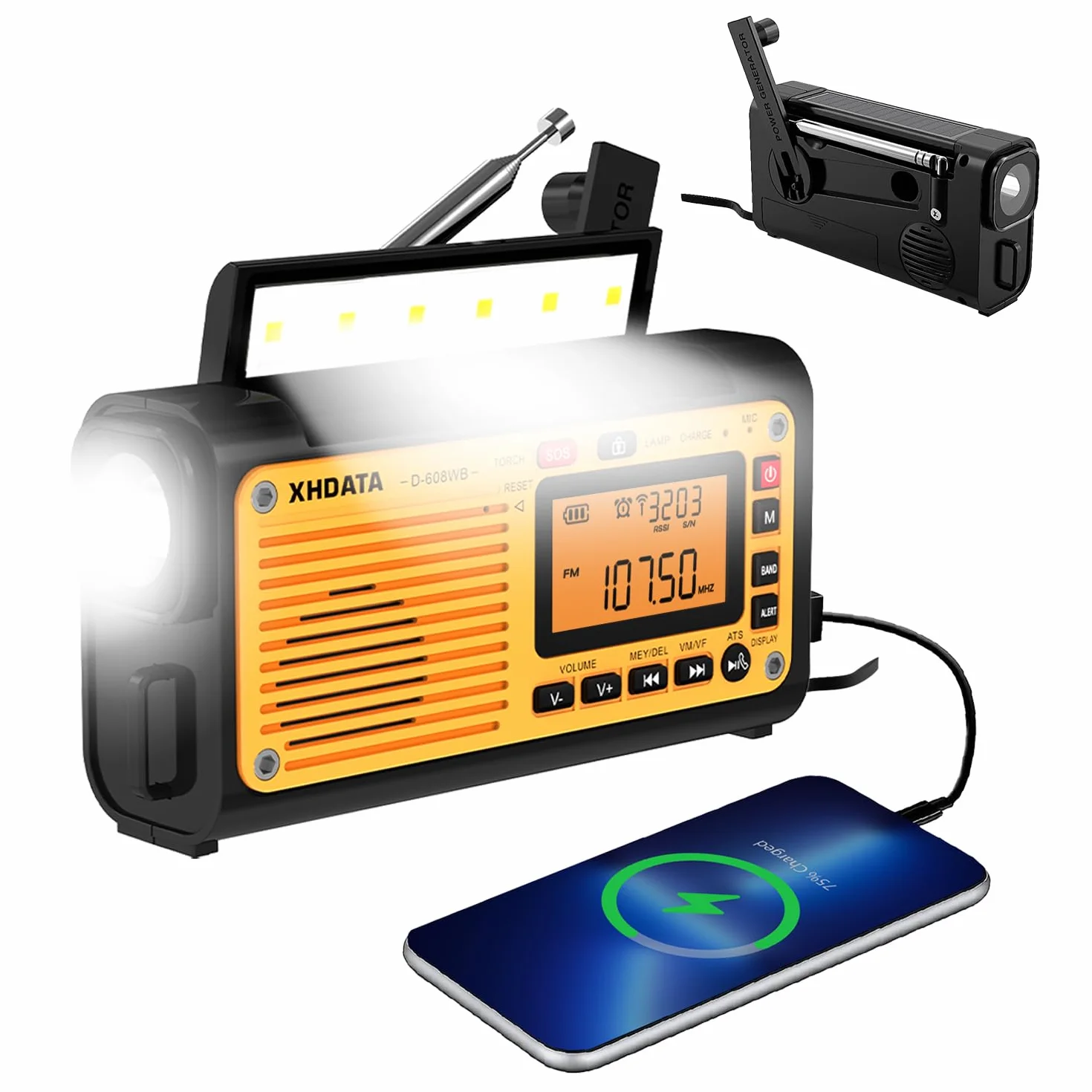 XHDATA D-608WB Radio Portable de Survie FM MW SW Bluetooth Carte TF Manivelle Panneau Solaire Lampe Torche SOS USB Camping Urgence