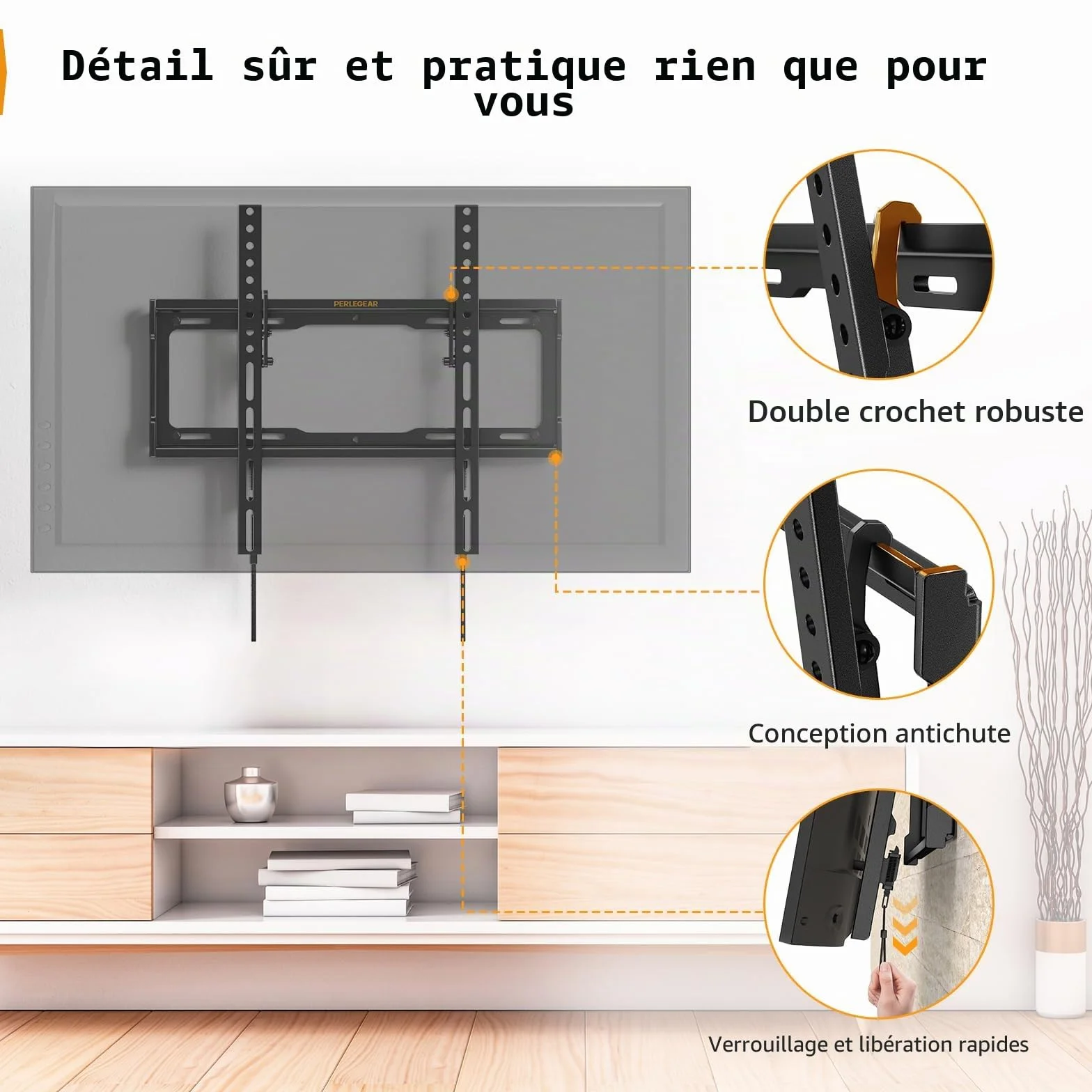 Perlegear Support Mural TV Inclinable pour LED, LCD, OLED, TV à Écran Plat de 26 à 65 Pouces, VESA Max 400×400 mm Capacité Max 45 kg