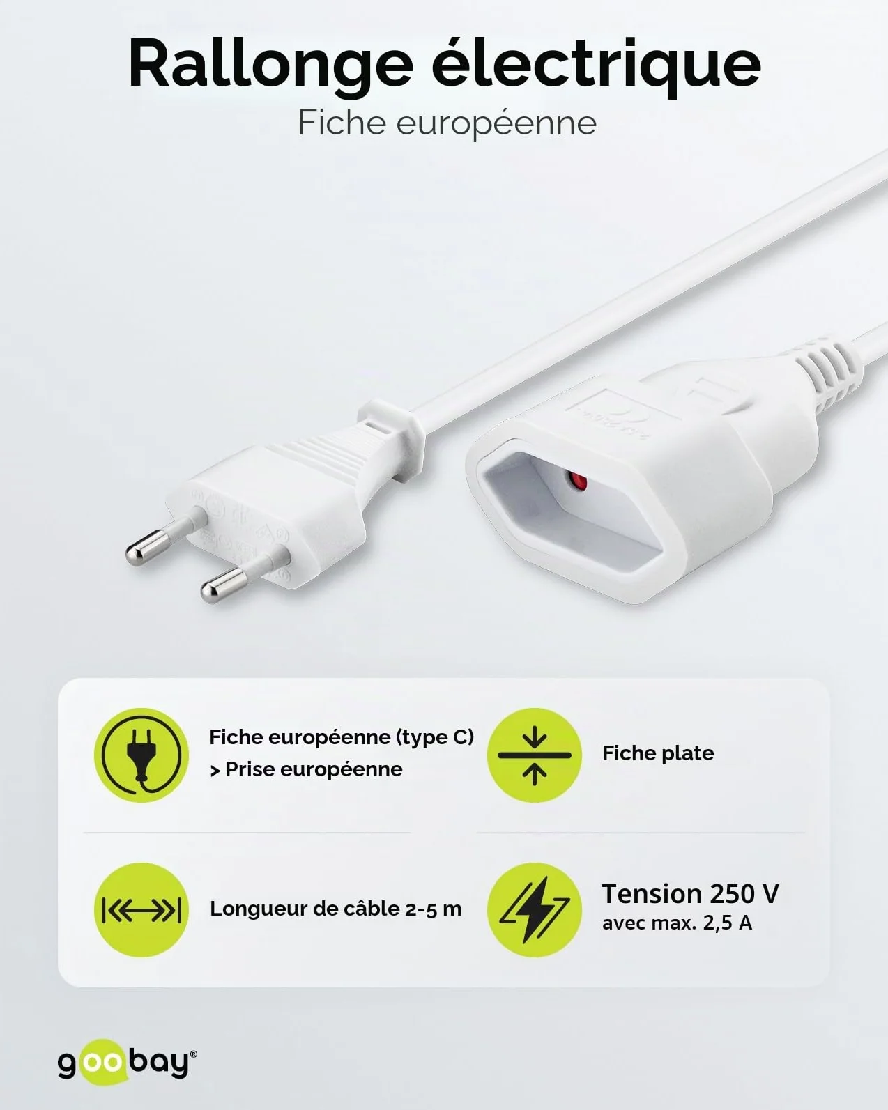 Goobay Câble d'alimentation Rallonge 2m 250V 0.75 mm² Blanc