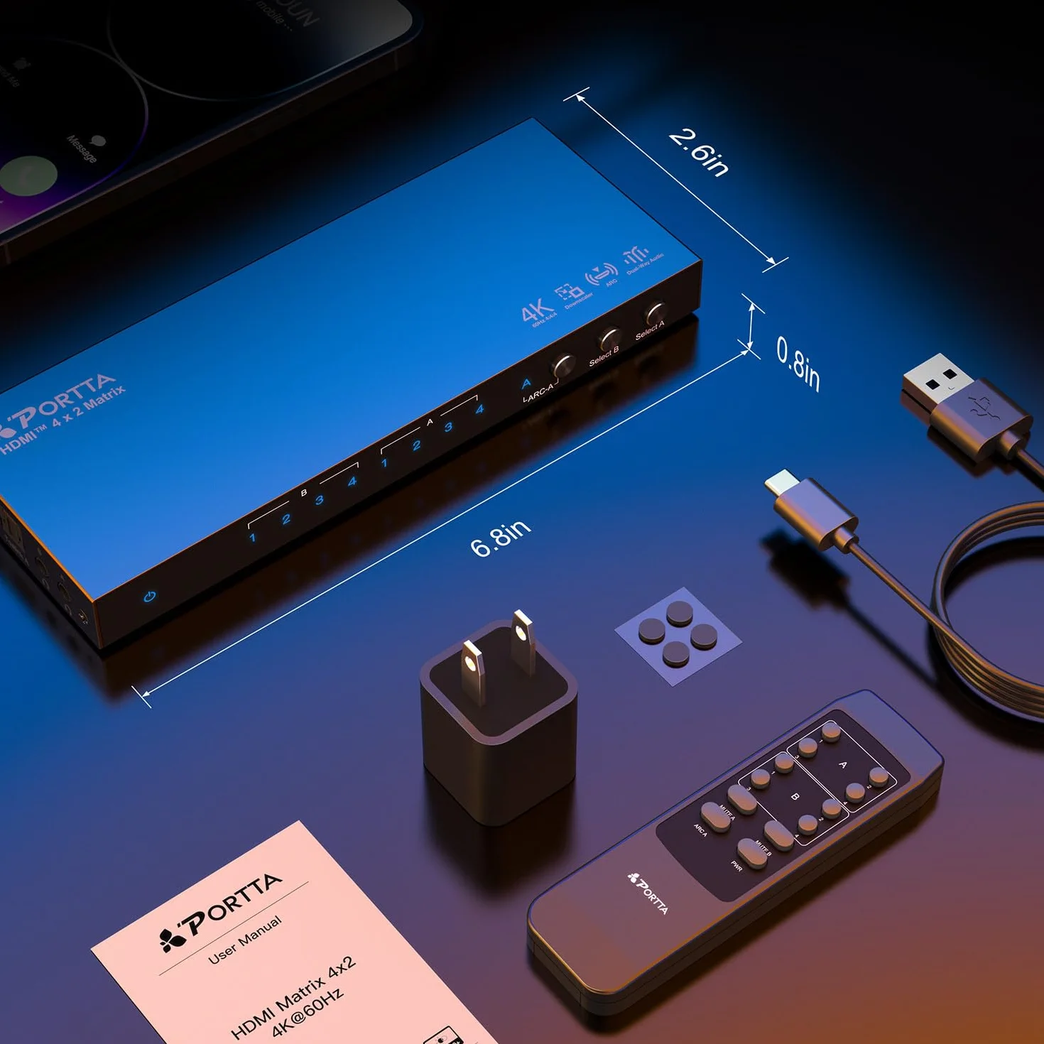 HDMI Matrix 4x2 4K 60Hz, PORTTA HDMI Switch Splitter 4 in 2 Out avec Toslink 3.5mm Audio Extractor, Arc, 16 EDID Modes, 4K Downscale, et IR Télécommande, SoutienHDMI 2.0b HDCP 2.3/2.2 HDR 3D CEC