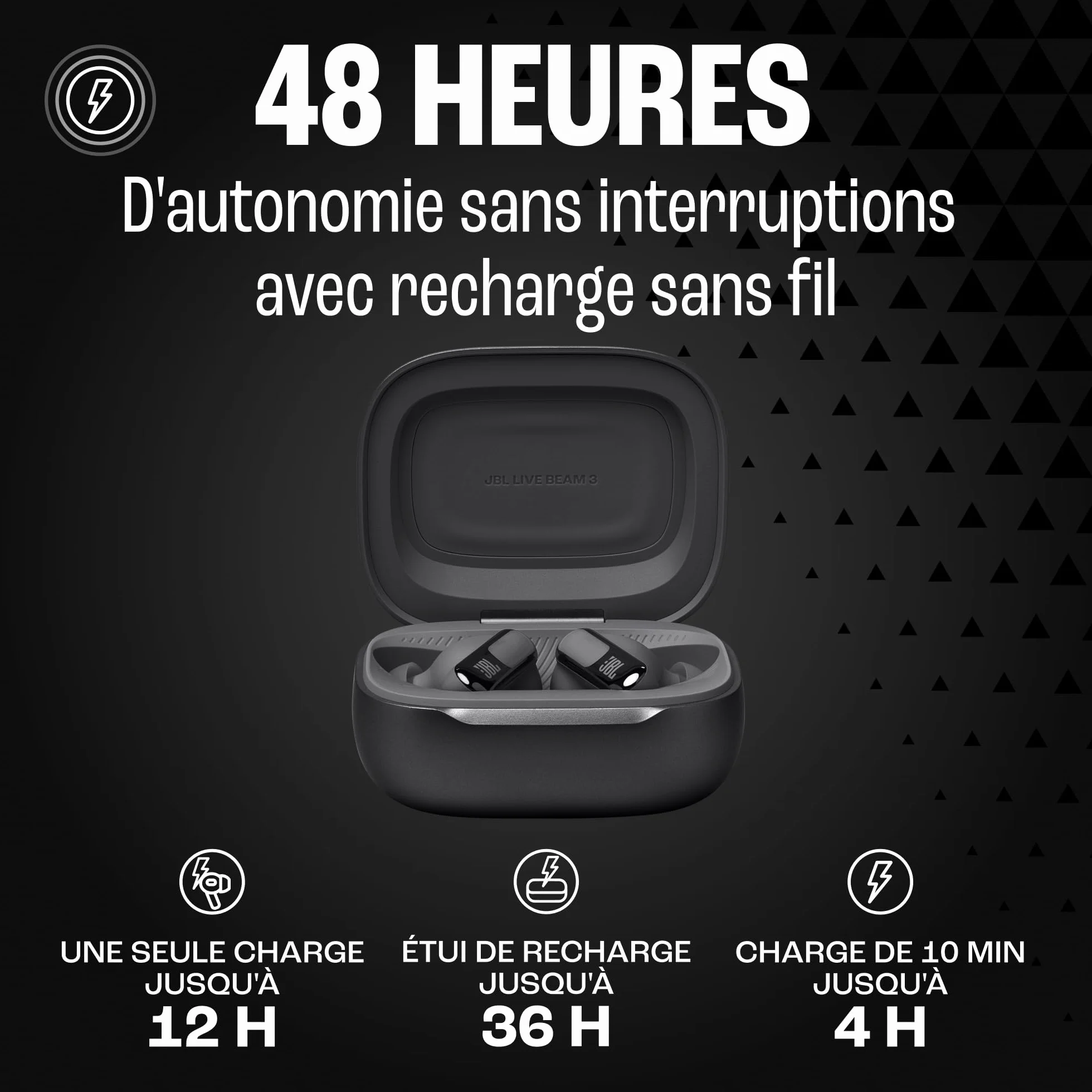 JBL Live Beam 3, Écouteurs sans fil avec oreillettes, Bluetooth, jusqu'à 48 h d'autonomie, Réduction de Bruit Active, son haute fidélité JBL Signature, étanches à l'eau IP55, noir