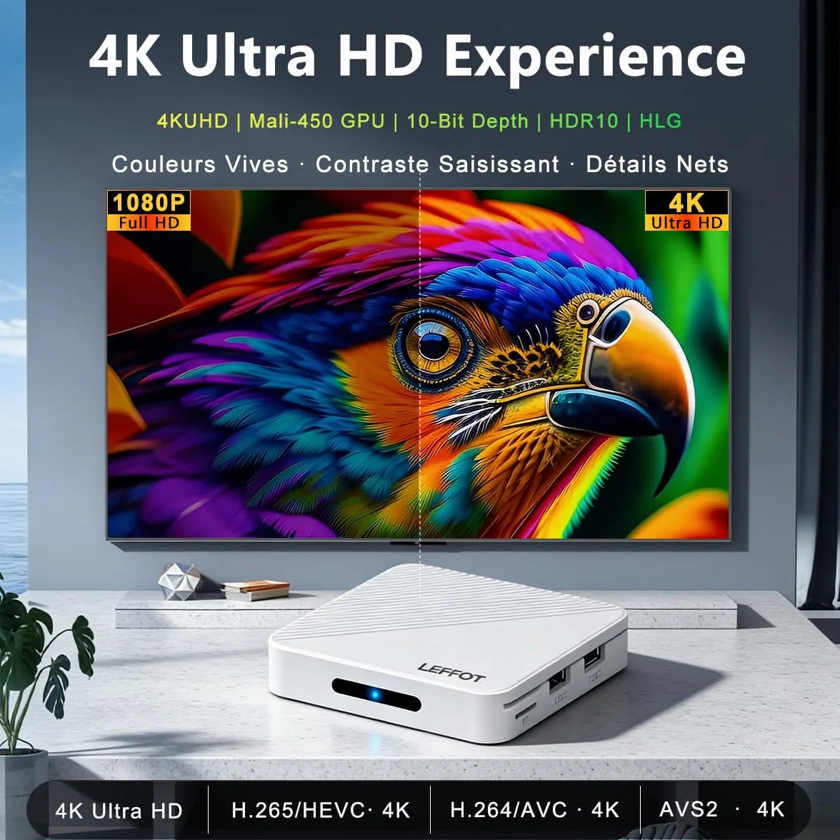 Android 14.0 TV Box 2026, 2Go RAM + 16Go ROM, LEFFOT H313 4K Ultra HD Boitier IP-TV pour Streaming, Support 2.4/5G WiFi 6, 100M Ethernet, Contrôle Vocal, BT 5.4, USB 3.0, HDR10, RK3518 Quad-Core A53