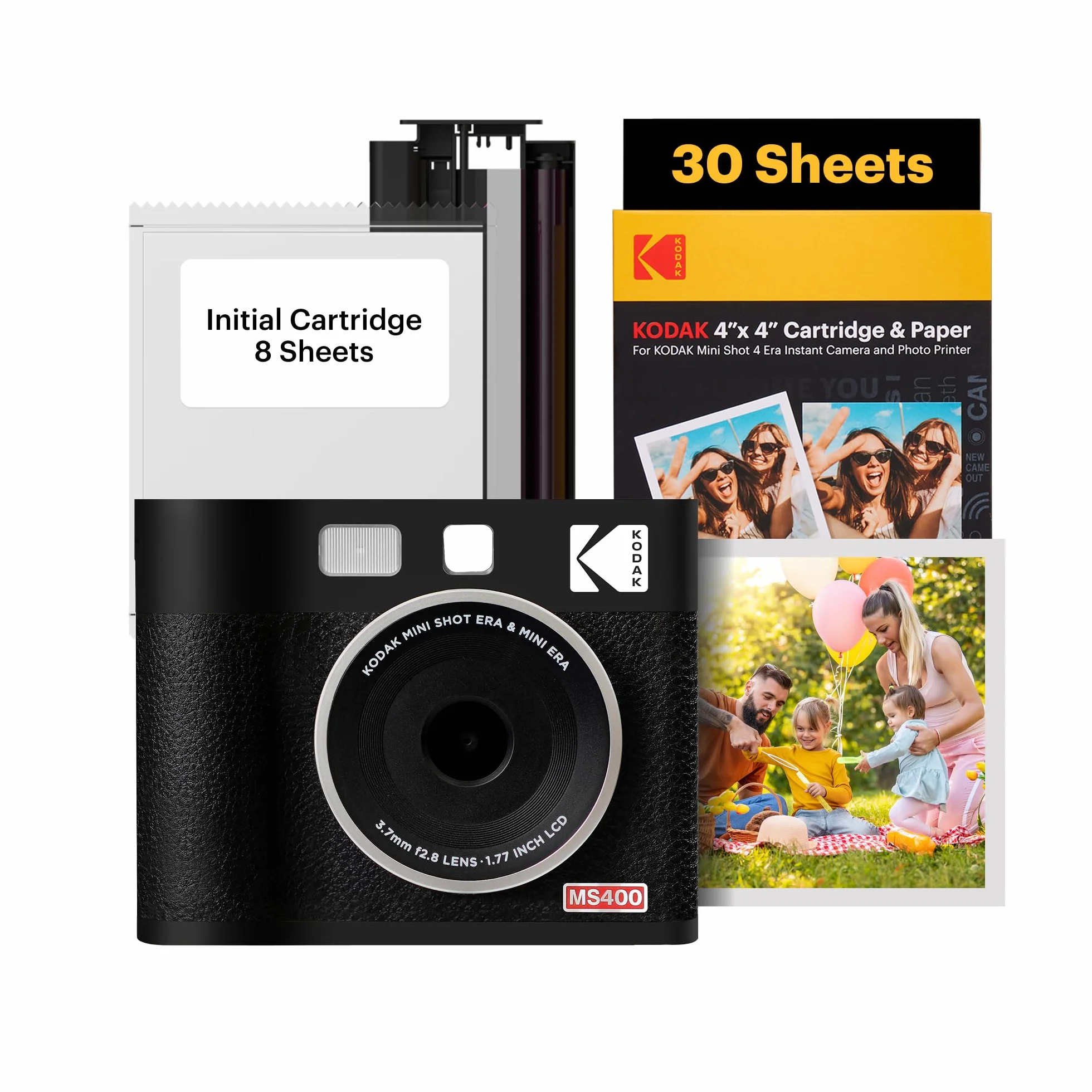 KODAK Mini Shot 4 Era Cadeau Noel 4PASS 2-in-1 Appareil Photo Instantané et Imprimante Photo Portable (10x10cm) (Lot Accessoire avec 38 Feuilles, Noir)